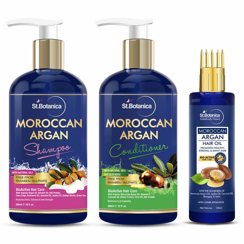 St.Botanica Moroccan Argan Shampoo + Conditioner + Argan Hair Oil With Comb Applicator