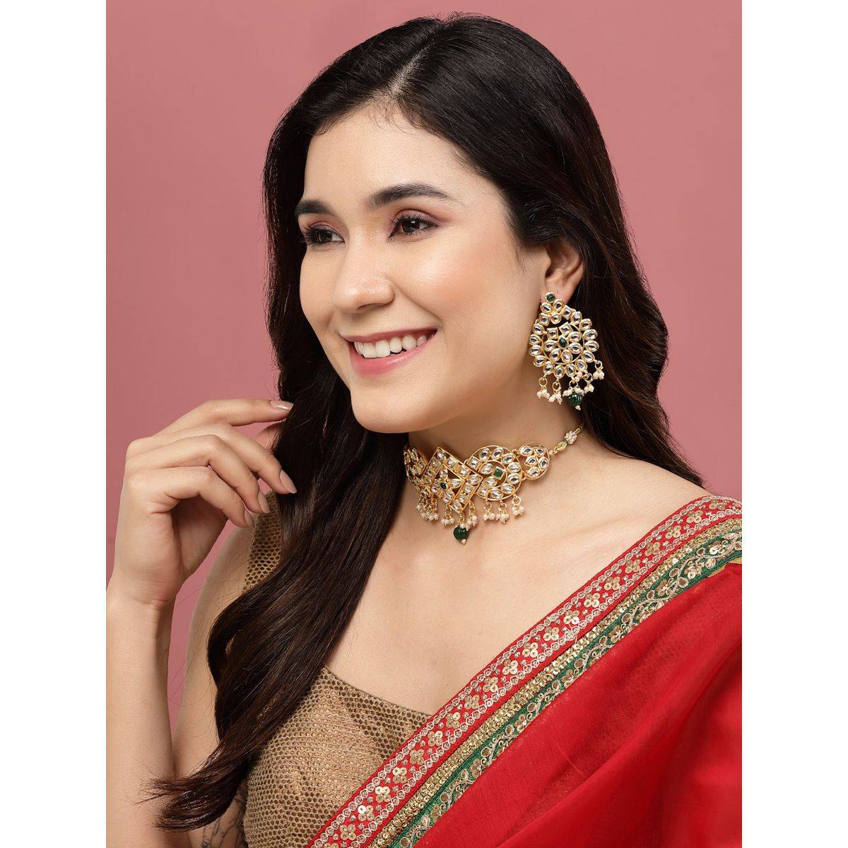 PANASH Gold Plated Kundan Stone Studded Choker Jewellery Set