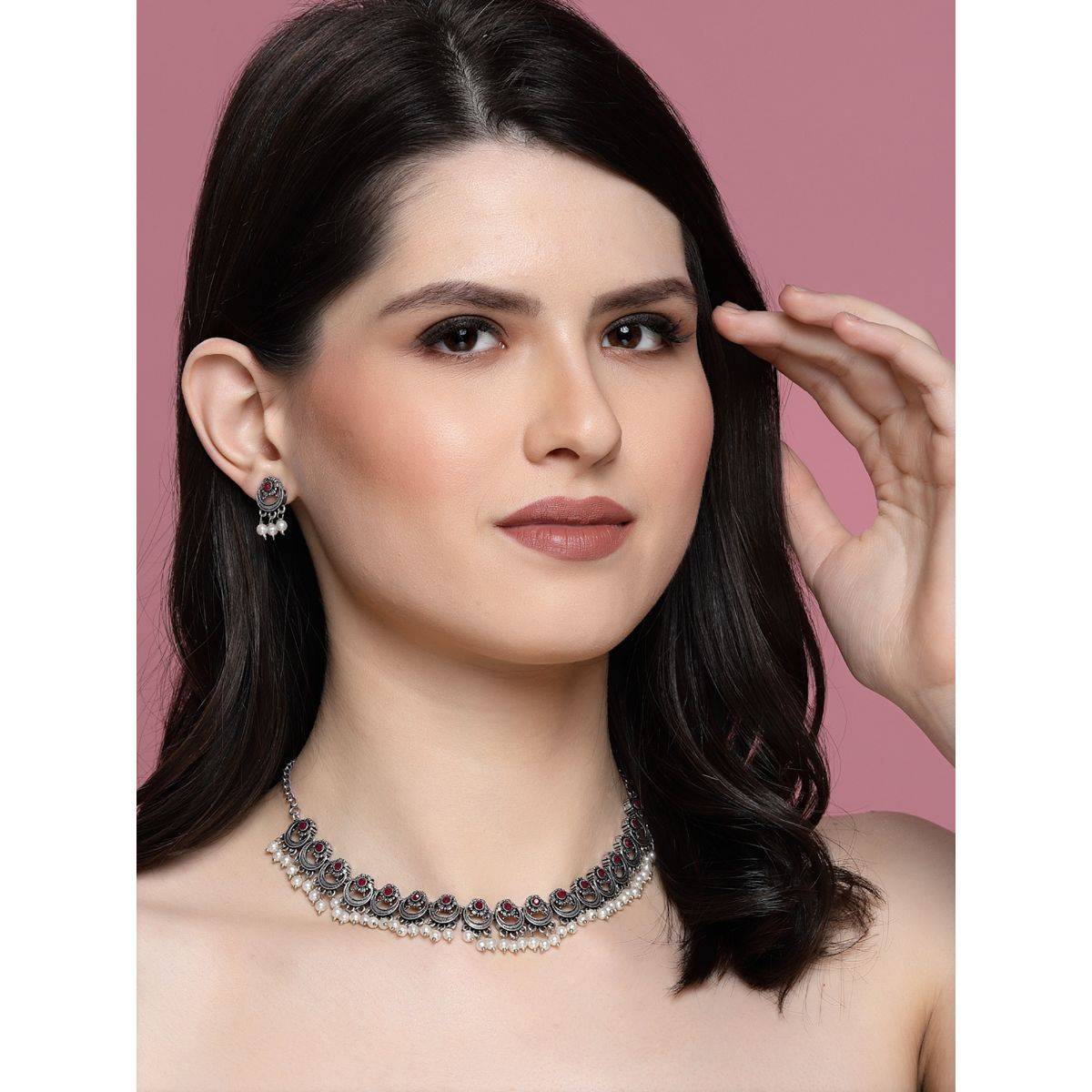 PANASH Silver Plated Stone Studded & Pearl Beaded Necklace and Earrings