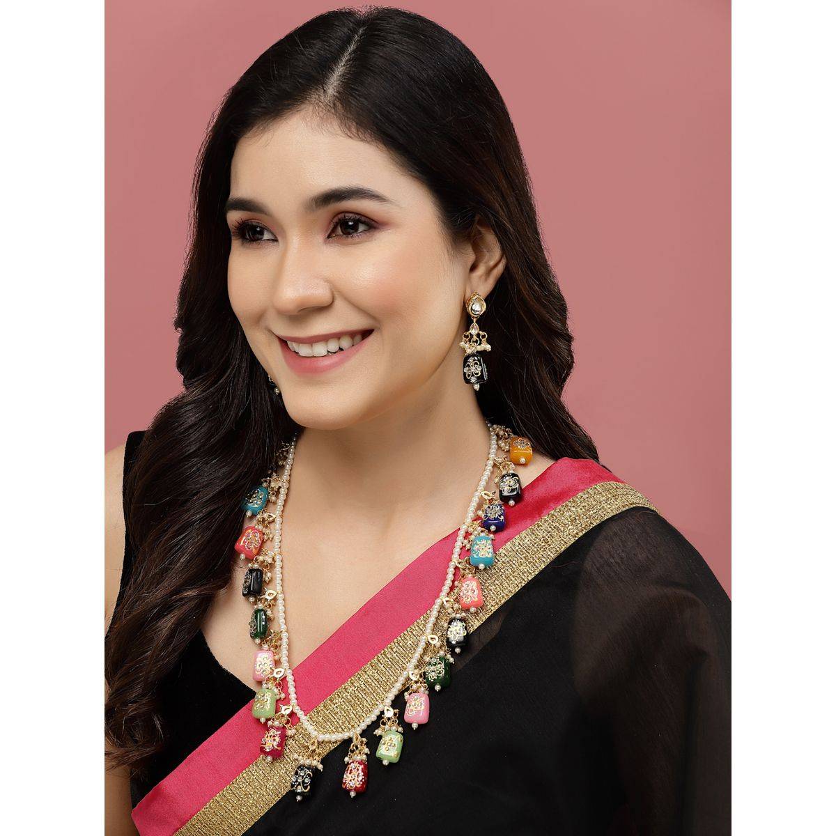 PANASH Gold Plated Stone Studded & Pearl Beaded Jewellery Set