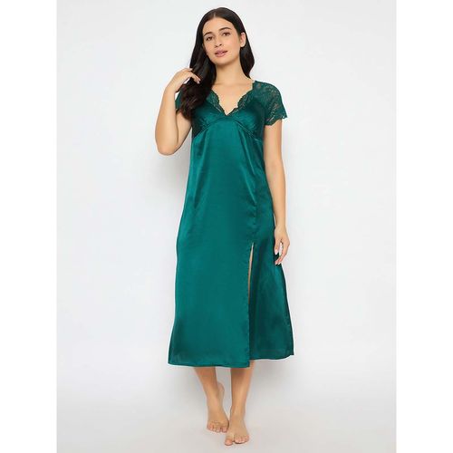 Buy Clovia Satin Solid Padded Long Night Dress Green Online