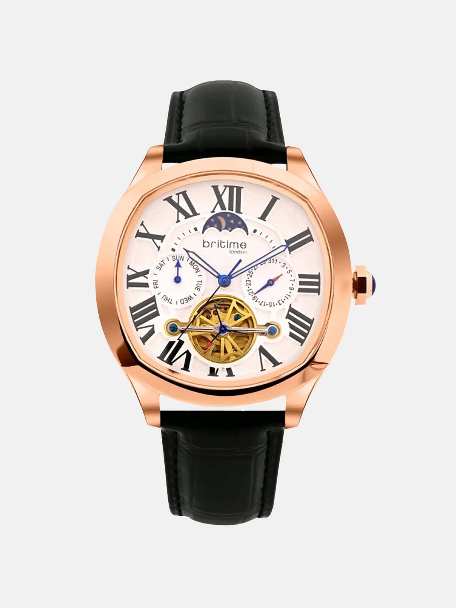 Britime Men Automatic White Dial Multi-Function Leather Watch 1641-L30306