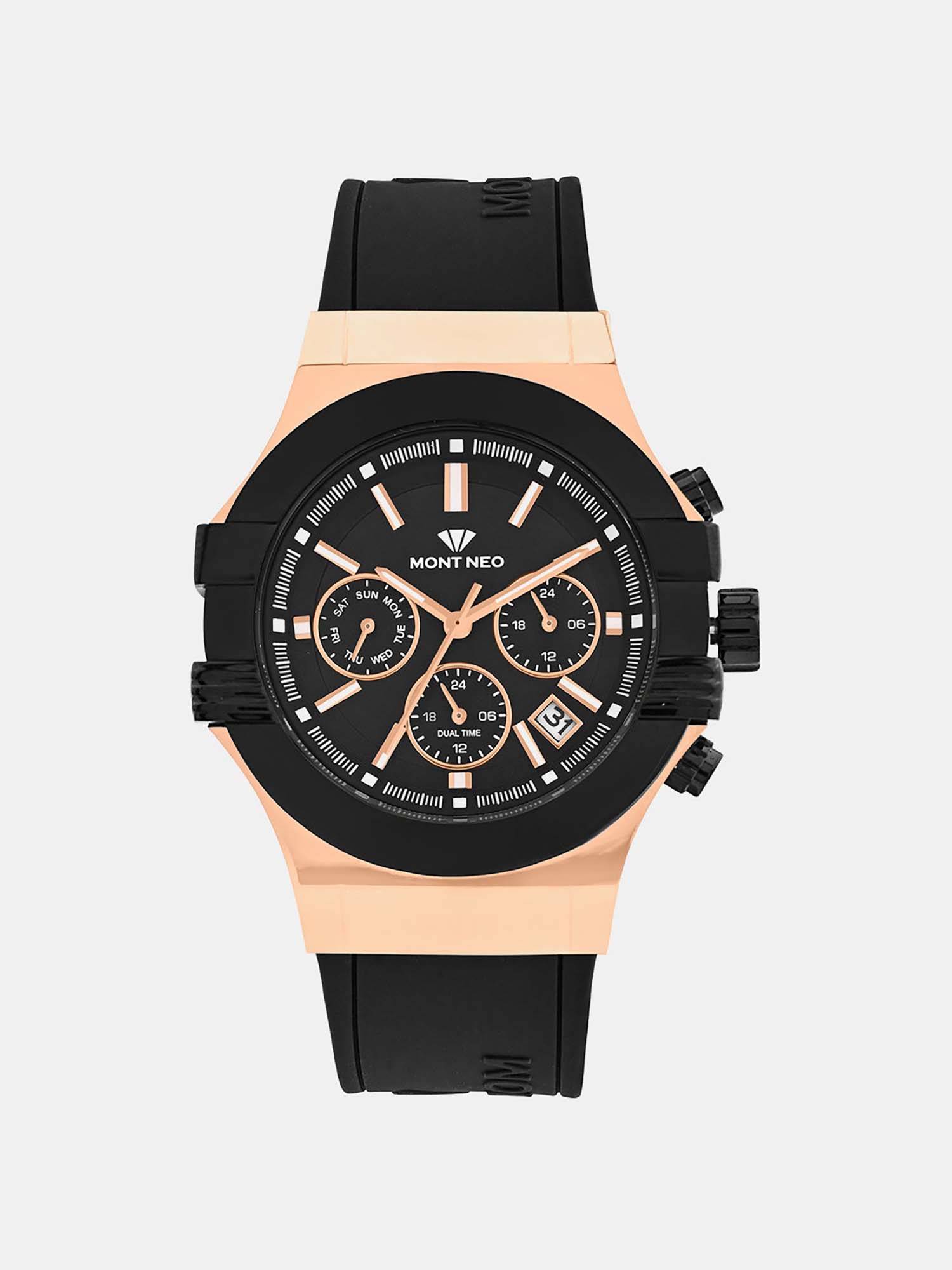 Mont Neo Men Quartz Black Dial Multi-Function Silicone Watch 3517M-M3404