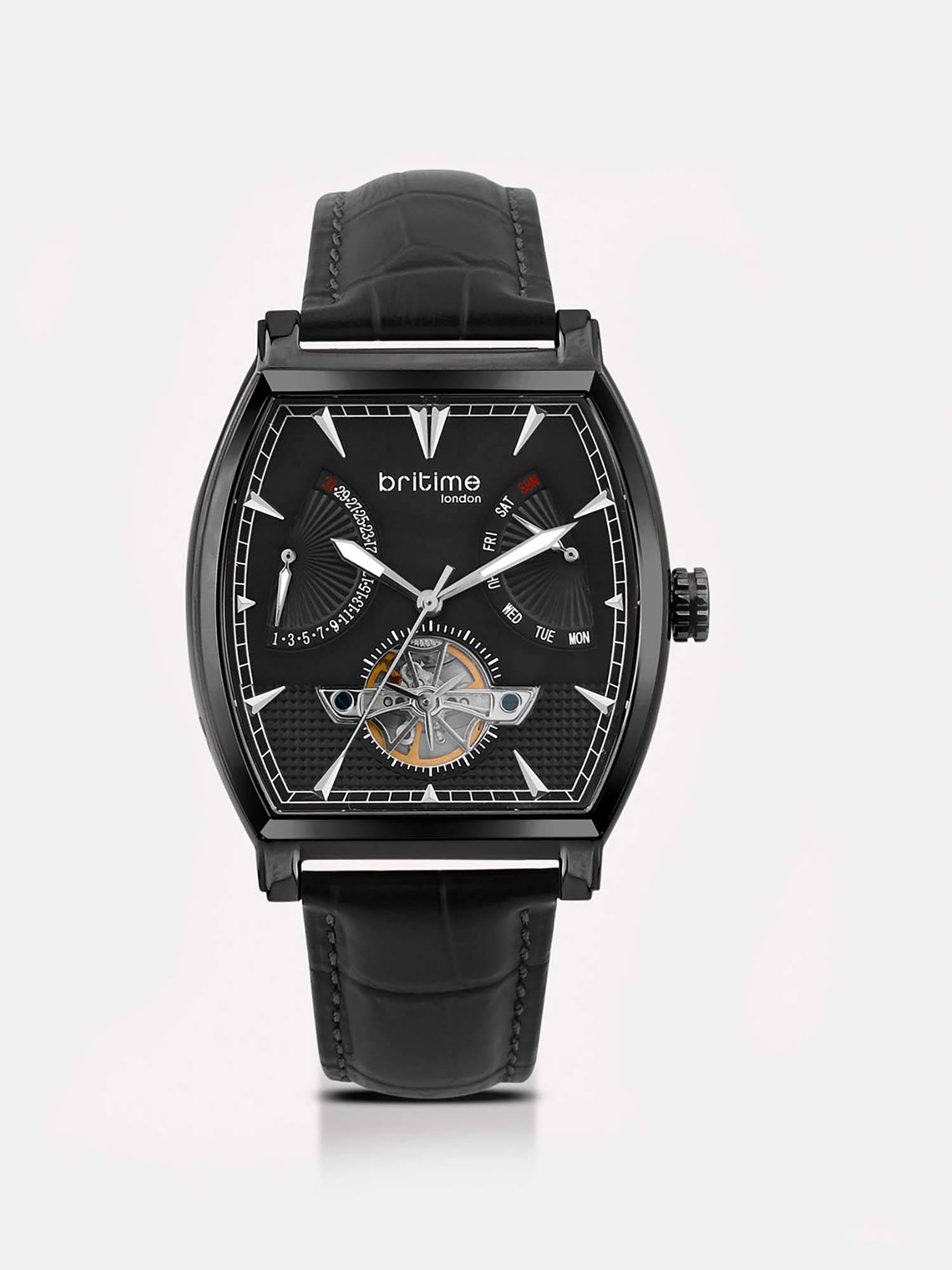 Britime Emerion Men Automatic Black Dial Multi-Function Leather Watch 465-L80406