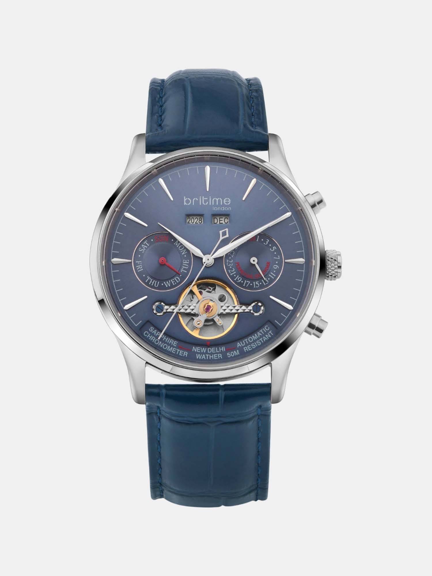 Buy Britime Celestial Men Automatic Blue Dial Chronograph Leather Watch ...