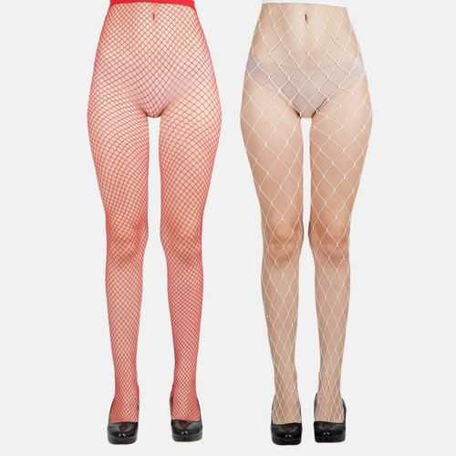 Buy NEXT2SKIN Women Fishnet Mesh Pantyhose Stockings Red & White