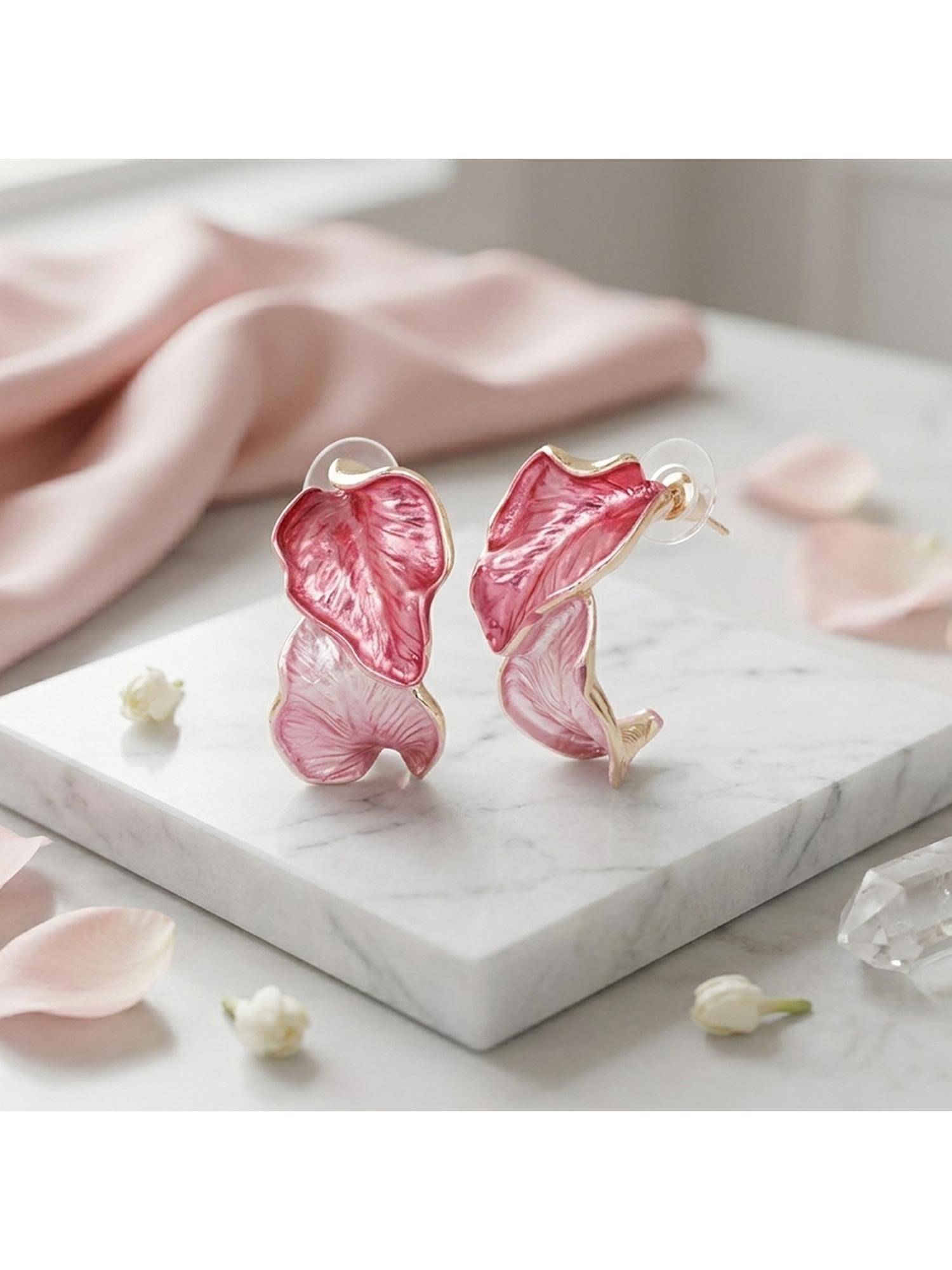 TRIBAL ZONE Pink Enamel Petal Stud Earrings