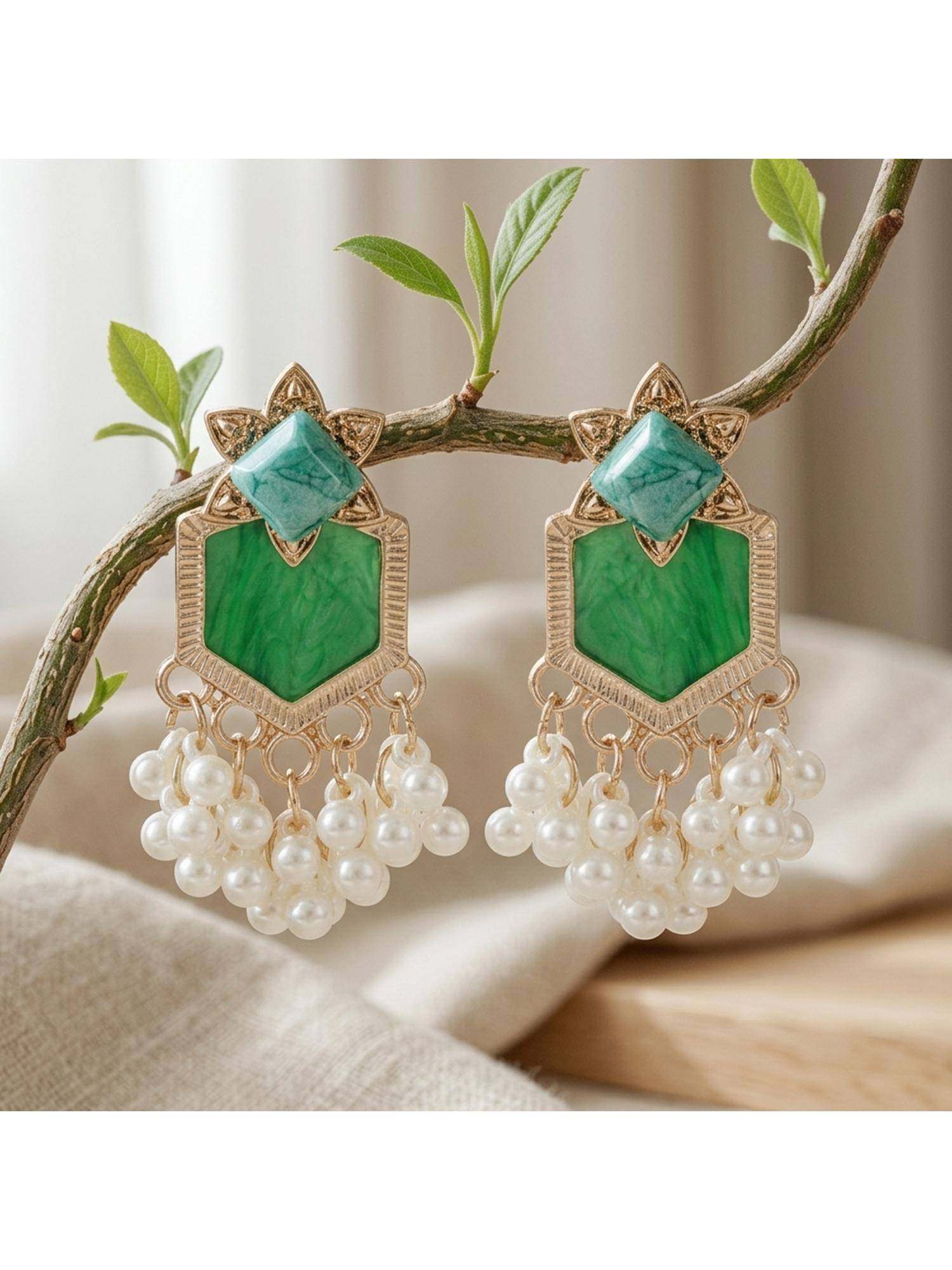 TRIBAL ZONE Green Hexagon Stone Chandbali Earrings with Pearl Fringe