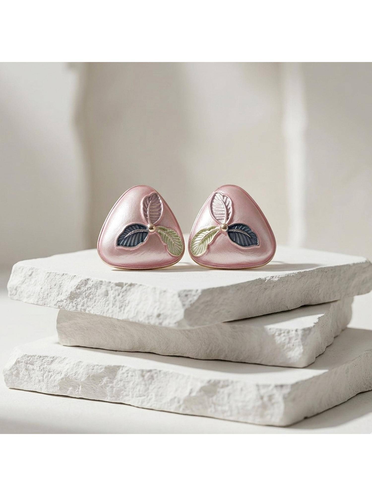 TRIBAL ZONE Pink Enamel Tri-Leaf Triangular Stud Earrings