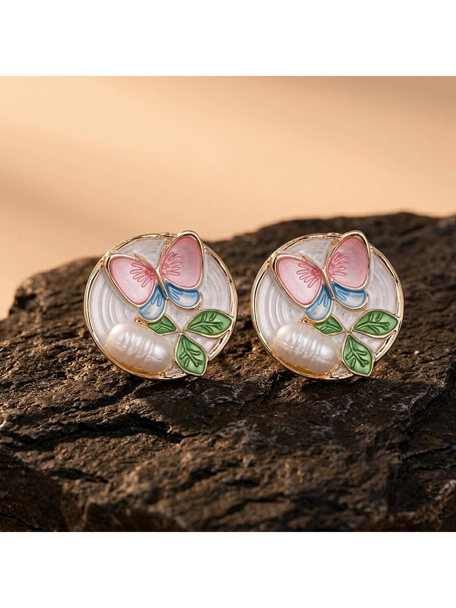 TRIBAL ZONE White Butterfly and Leaf Enamel Pearl Stud Earrings