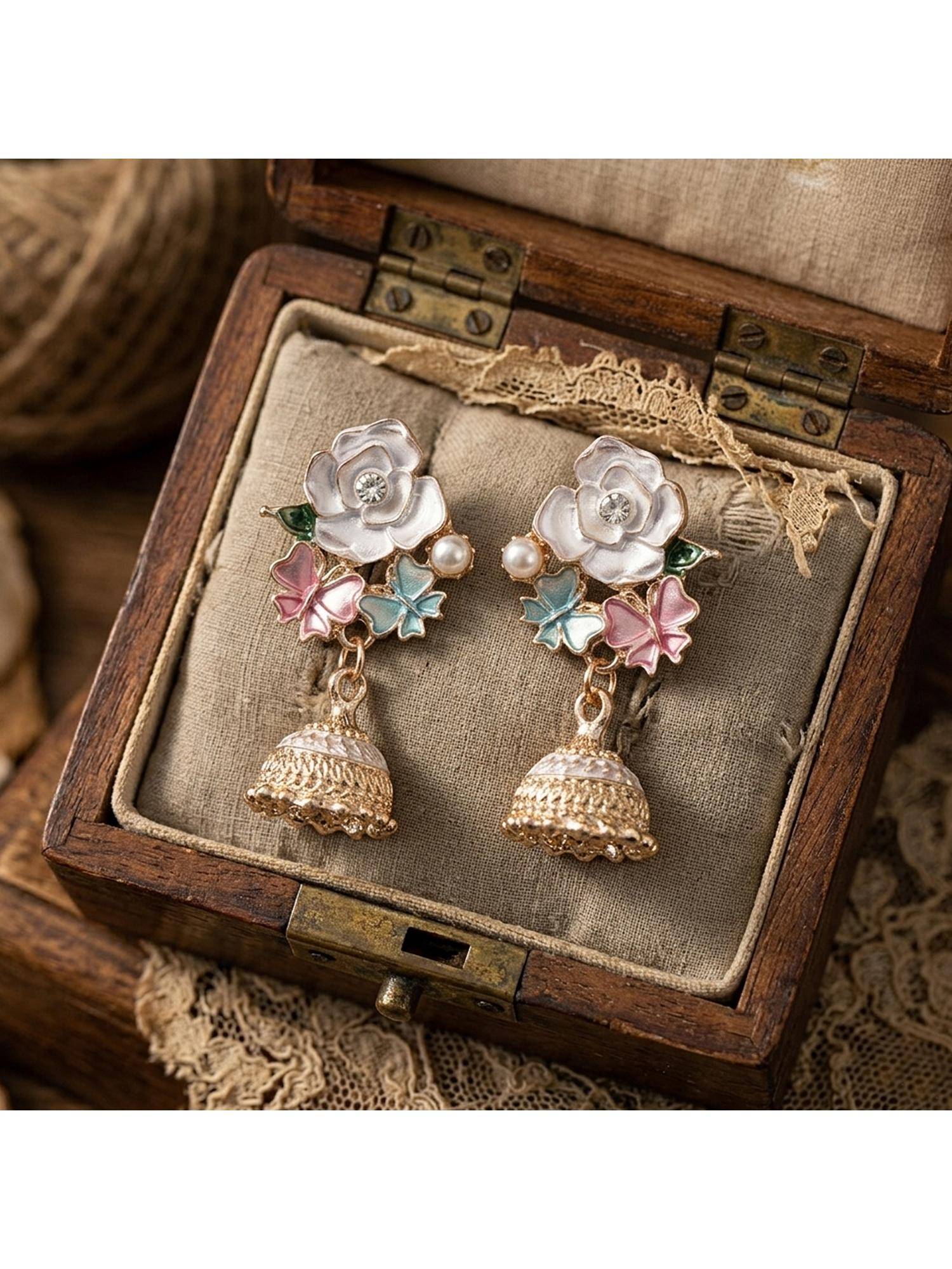 TRIBAL ZONE Vintage Rose and Butterfly Jhumka Drop Earrings