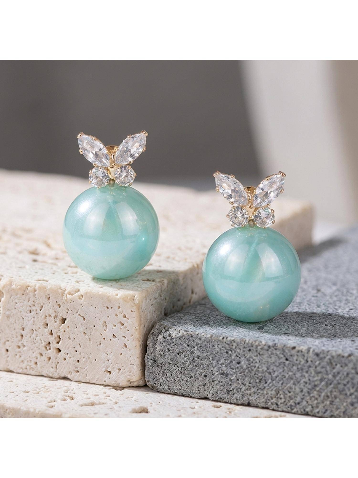 TRIBAL ZONE Aqua Pearl Stud with CZ Butterfly Earrings