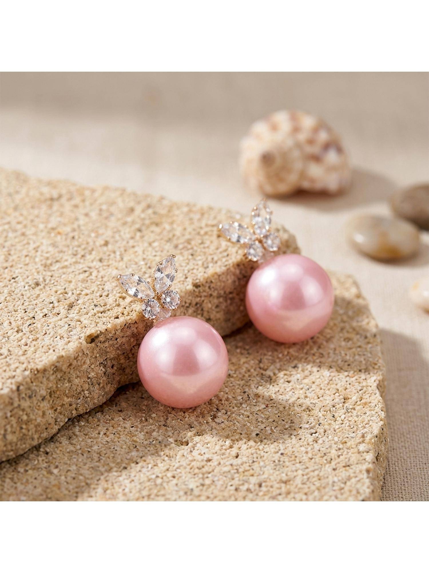 TRIBAL ZONE Pink Pearl Stud with CZ Butterfly Earrings