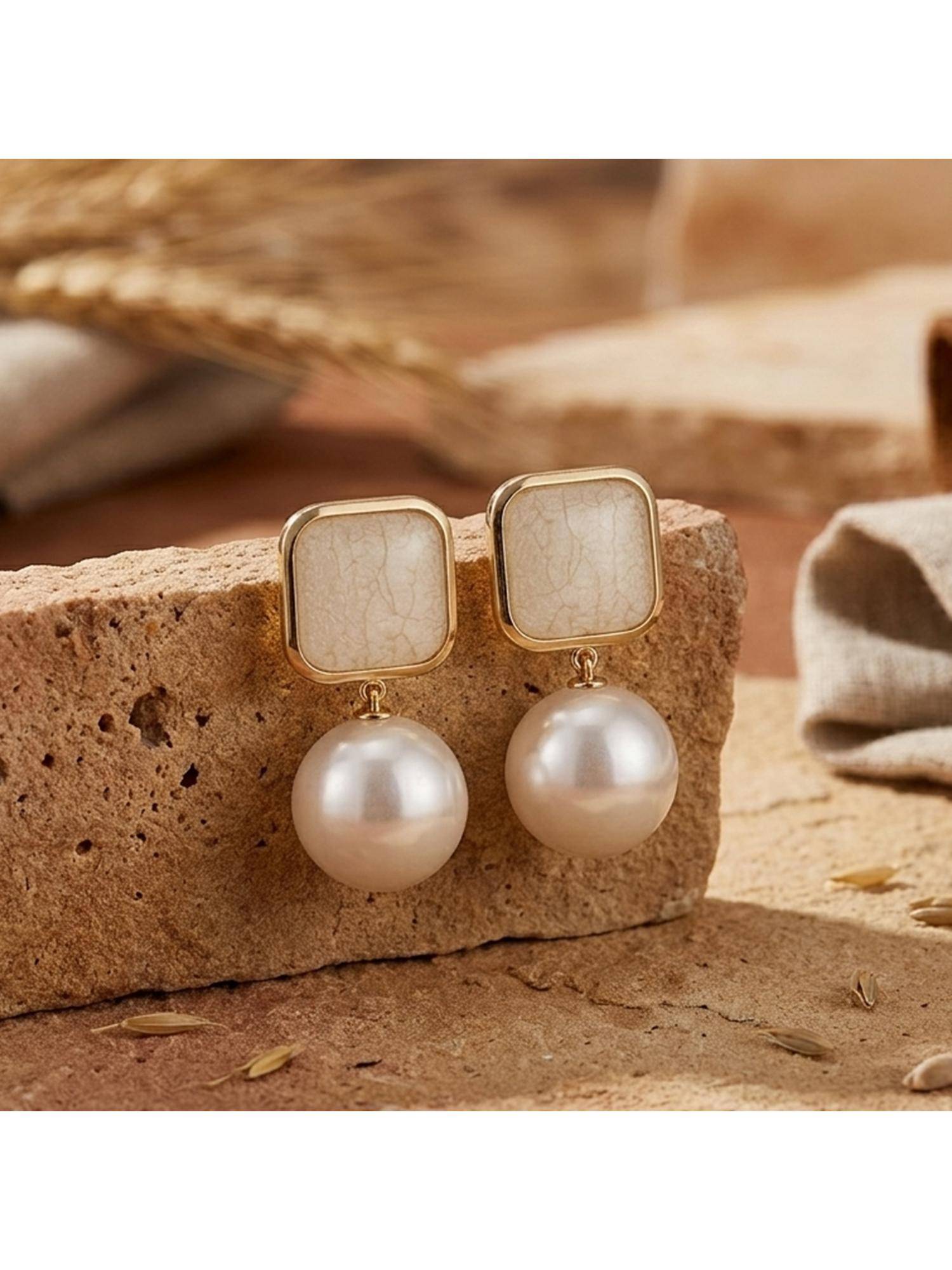 TRIBAL ZONE Ivory Stone Square Stud with Pearl Drop Earrings