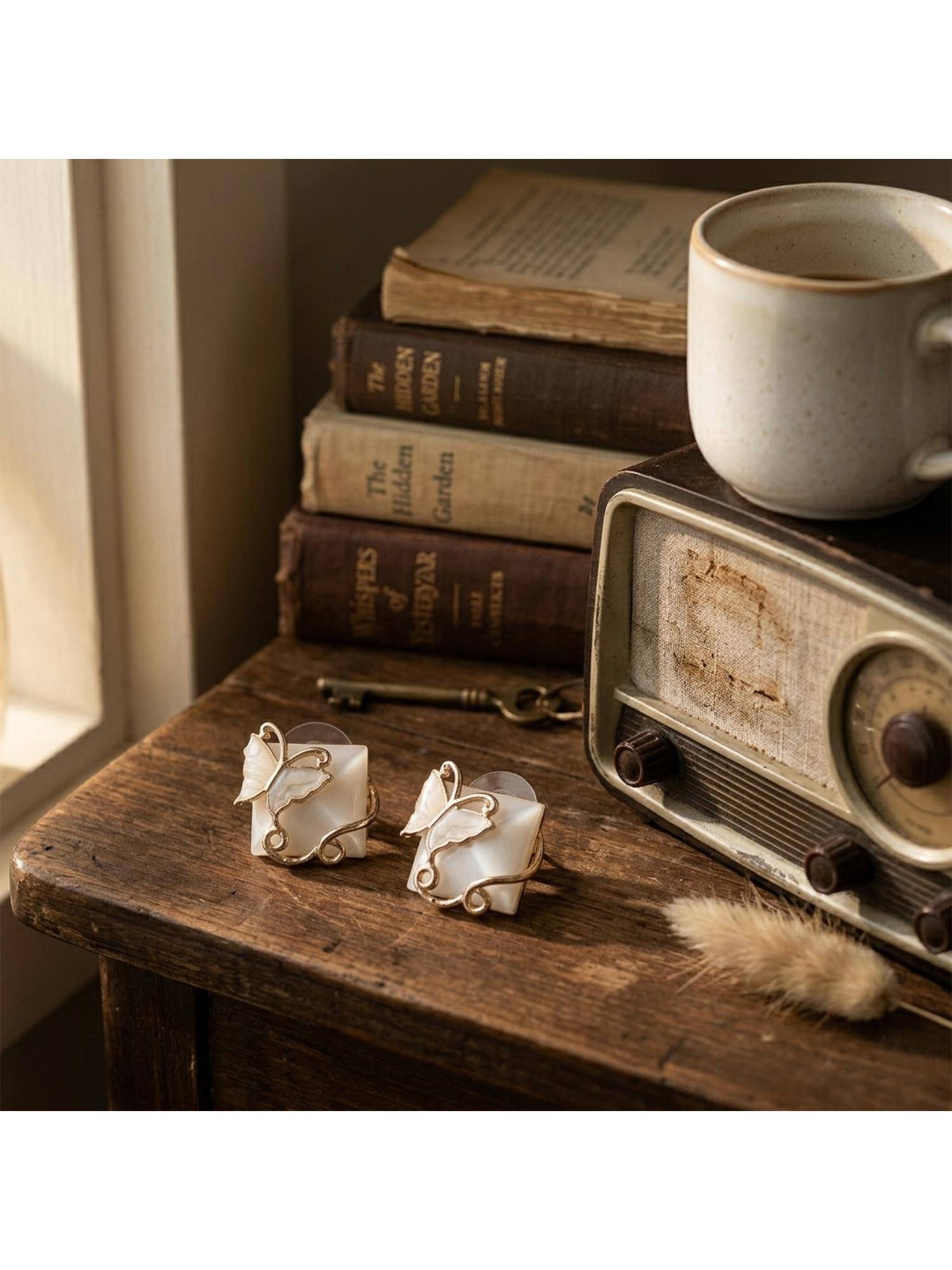 TRIBAL ZONE Ivory Stone Square Stud with Wire-Wrapped Butterfly
