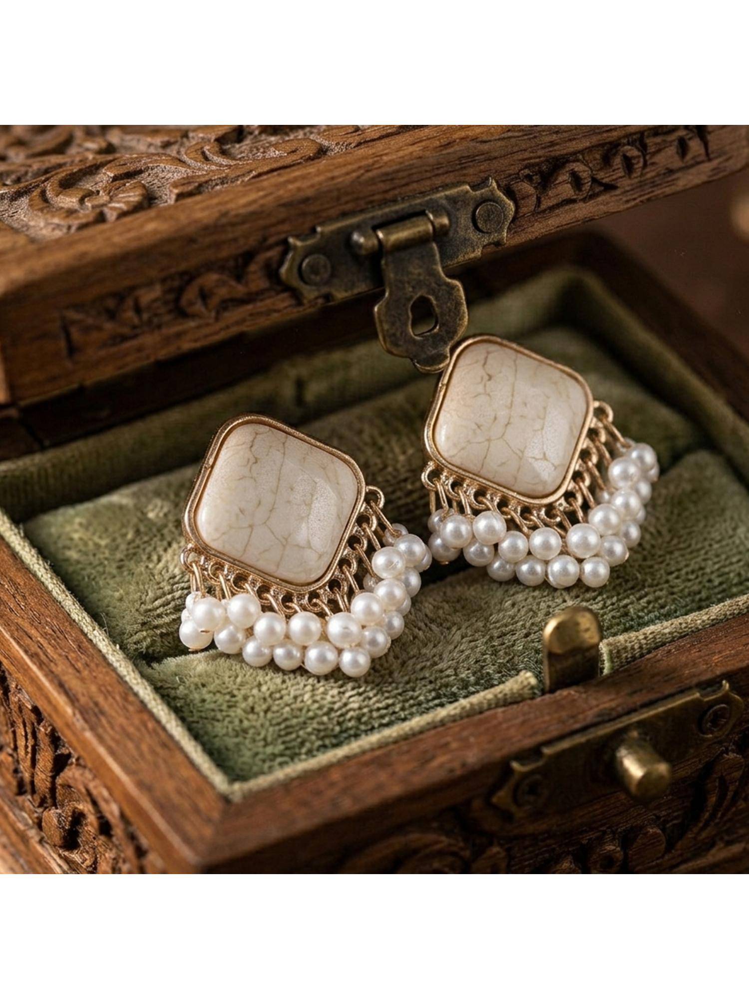 TRIBAL ZONE Ivory Stone Square Drop Earrings with Pearl Fringe