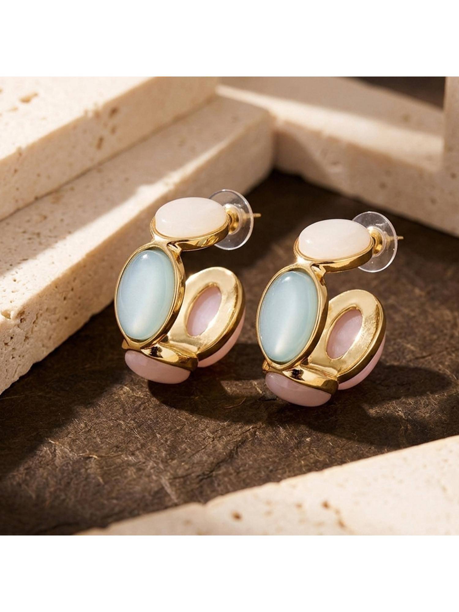 TRIBAL ZONE Pastel Blue and Pink Two-Tier Hoop Earrings