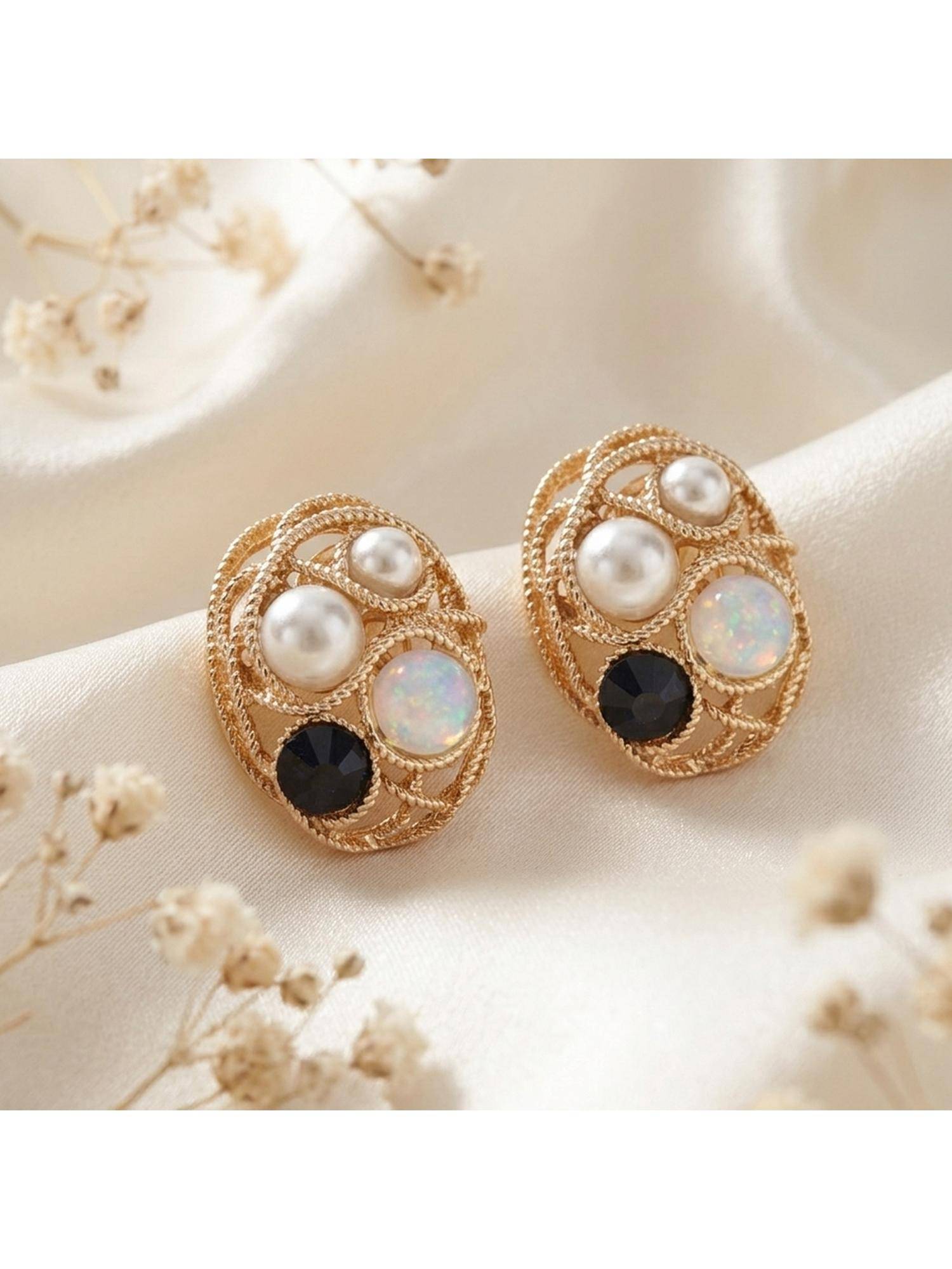 TRIBAL ZONE Gold Oval Stud Earrings with Pearl, Opal and Stone