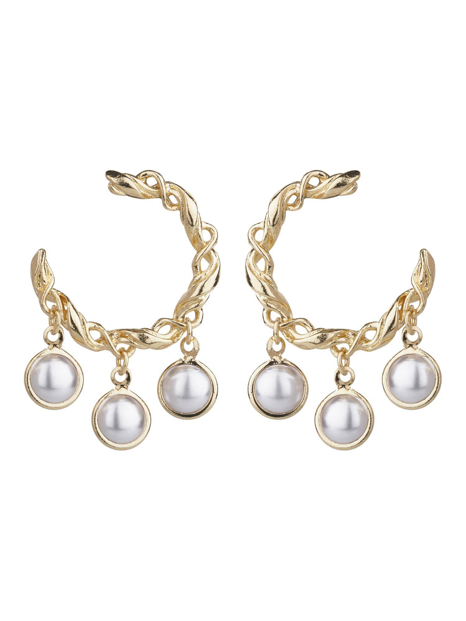 TRIBAL ZONE Gold Twisted Hoop Earrings with Pearl Charm Fringe