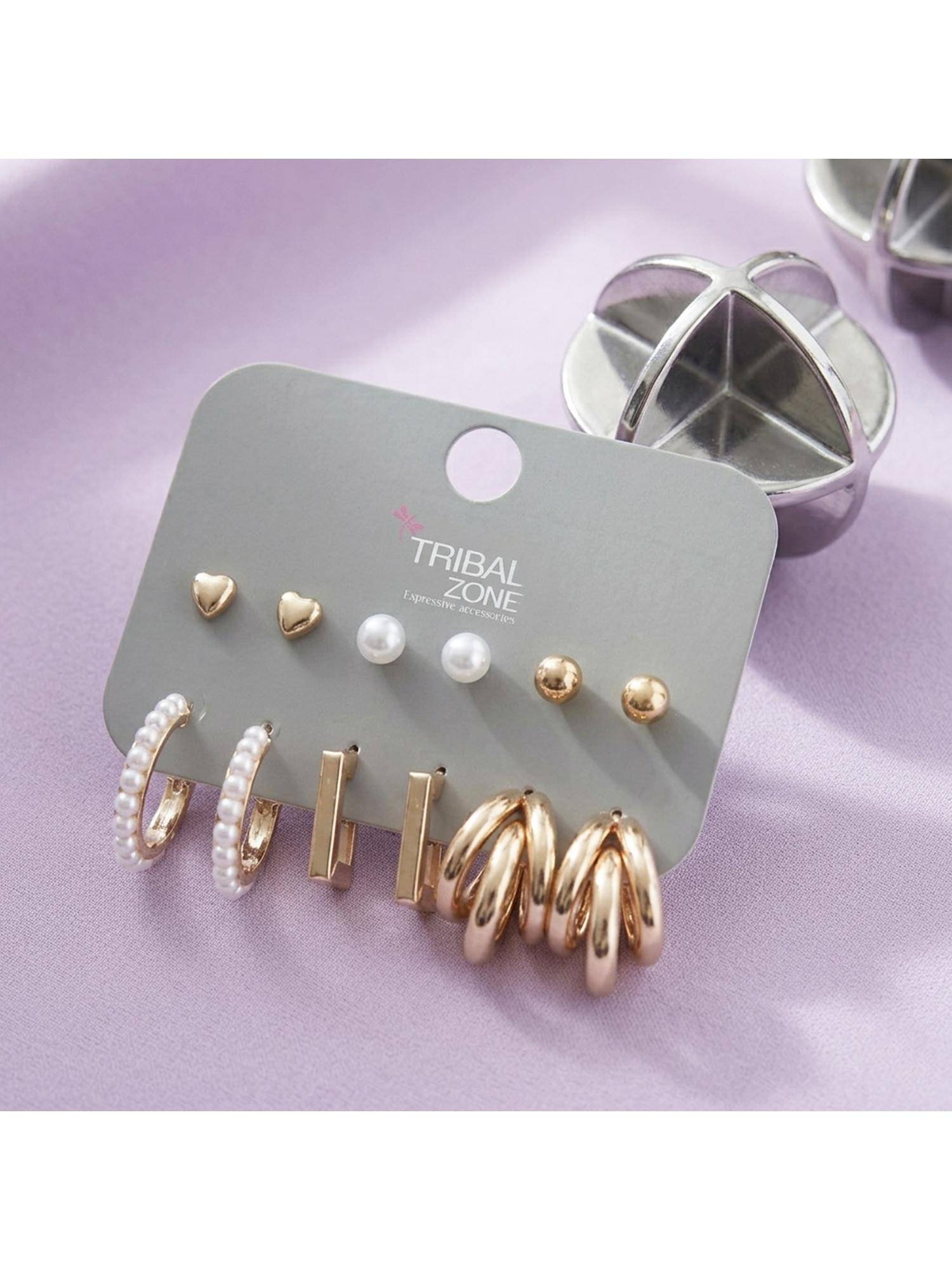 TRIBAL ZONE Heart, Pearl and Hoop Earring Set