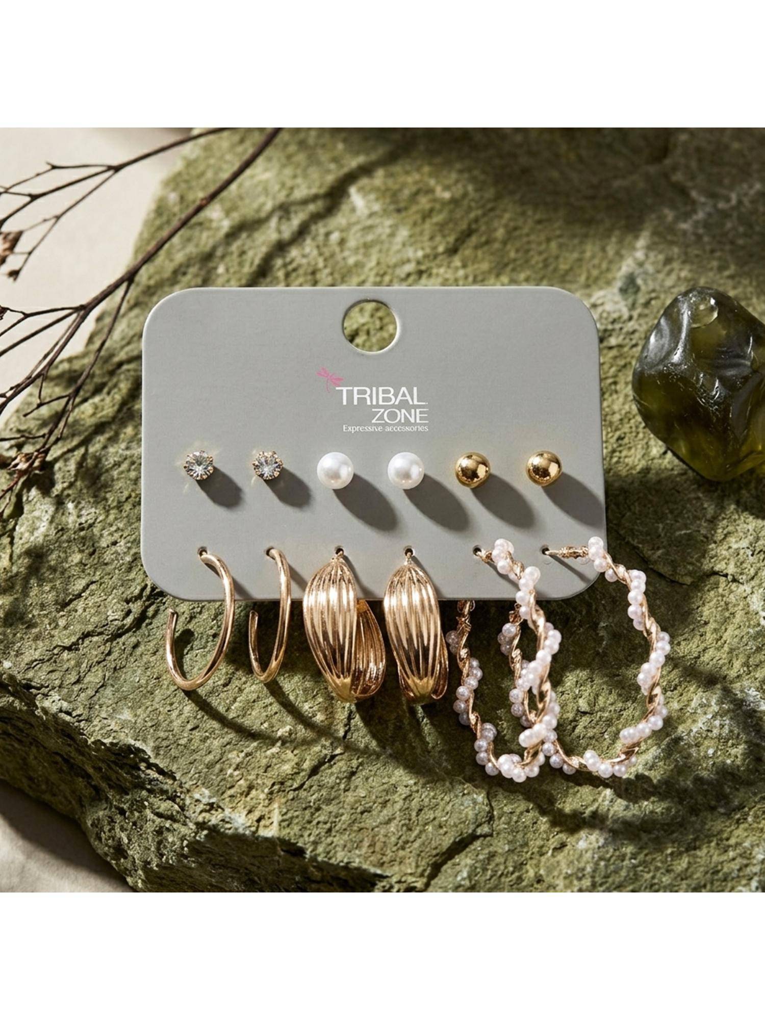 TRIBAL ZONE Cz, Pearl and Ball Stud with Shell Hoop Set