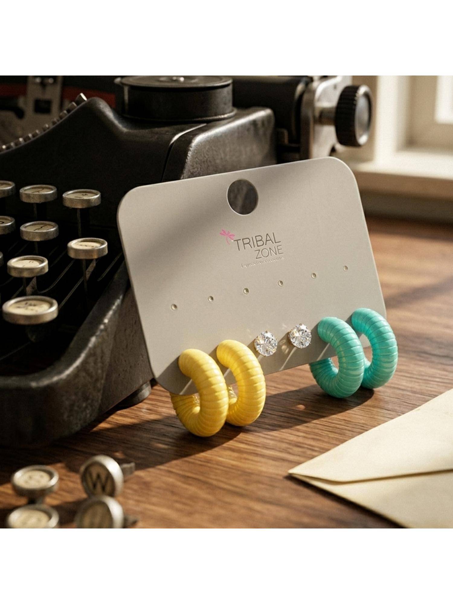 TRIBAL ZONE Colour-Block Ribbed Hoop and CZ Stud Set - Yellow and Teal