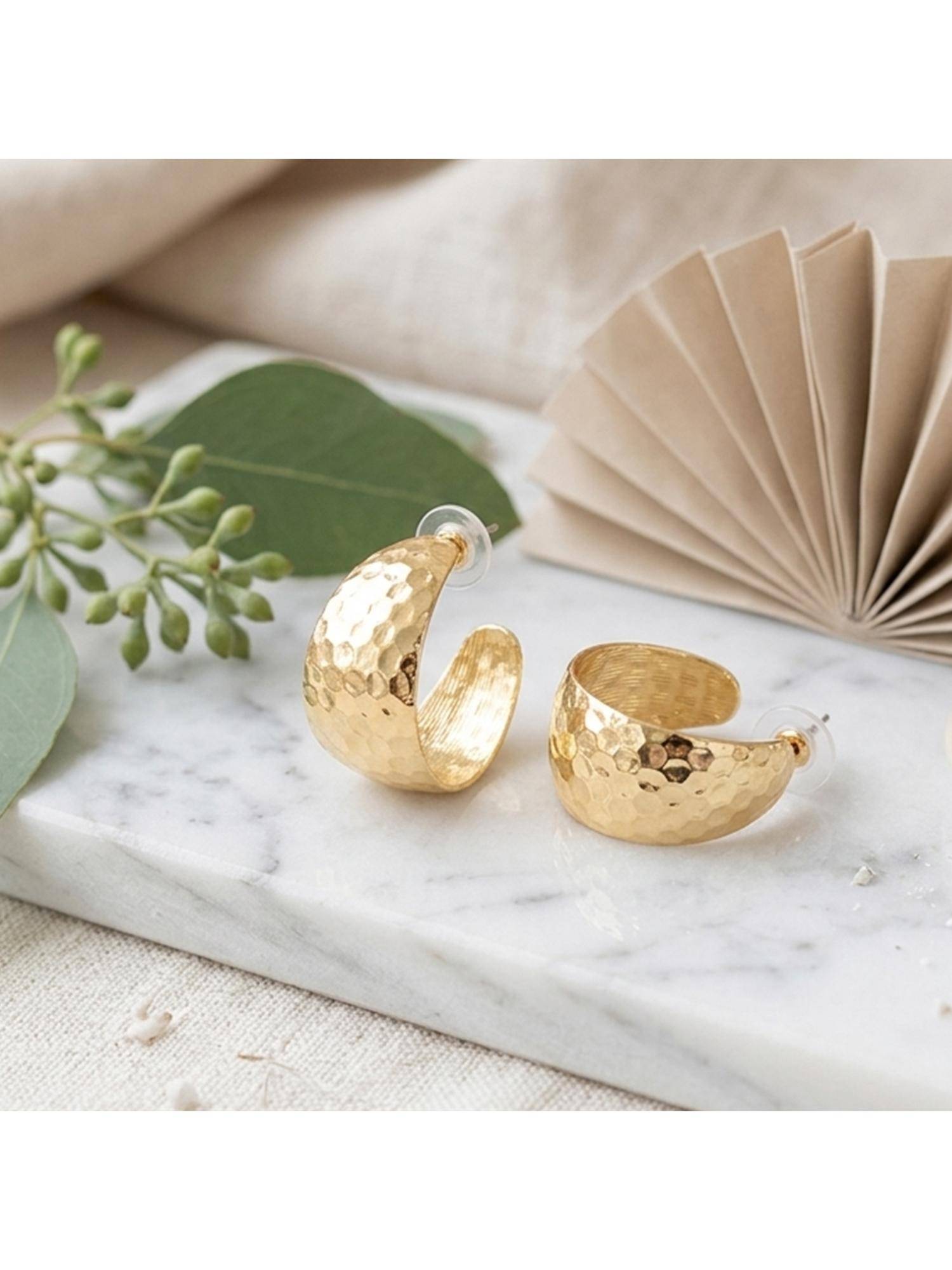 TRIBAL ZONE Hammered Gold Wide Hoop Earrings
