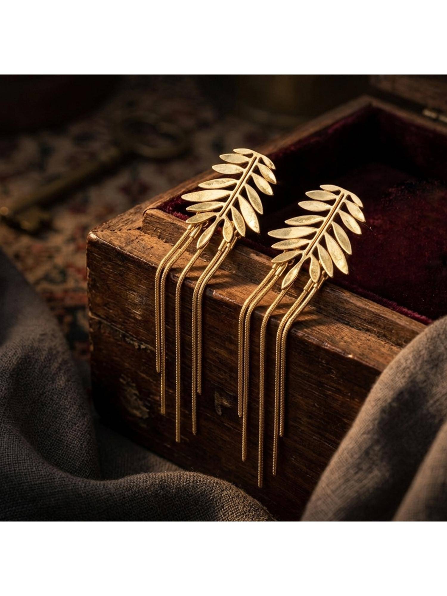 TRIBAL ZONE Gold Fern Leaf Tassel Drop Earrings