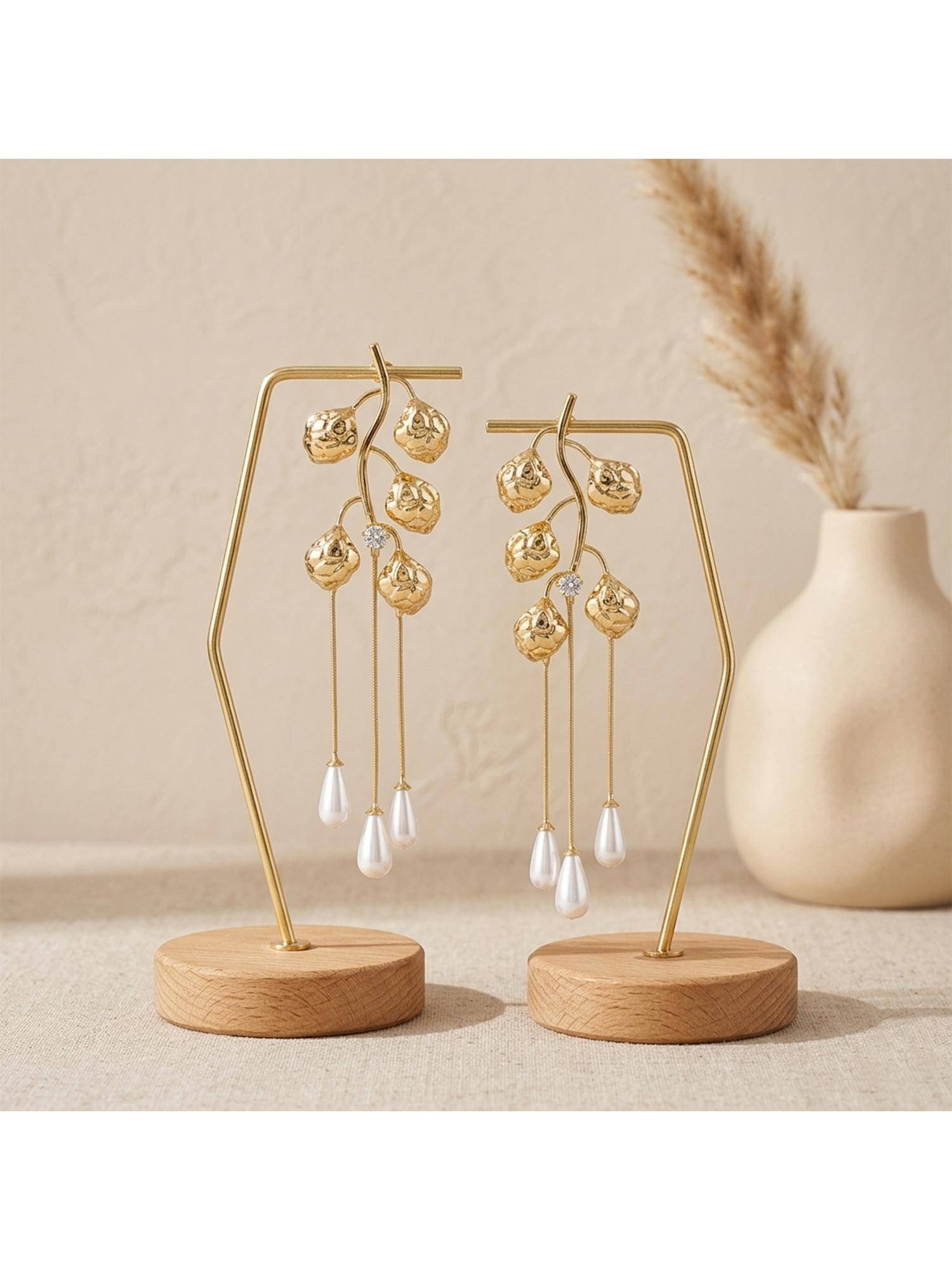 TRIBAL ZONE Gold Rose Vine Pearl Tassel Drop Earrings