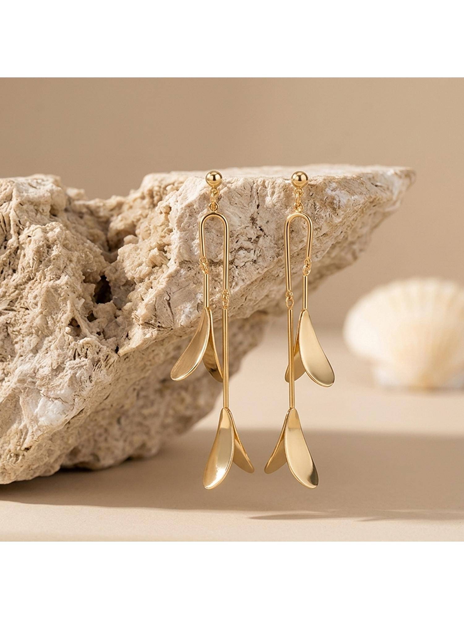 TRIBAL ZONE Gold Sculpted Leaf Drop Earrings