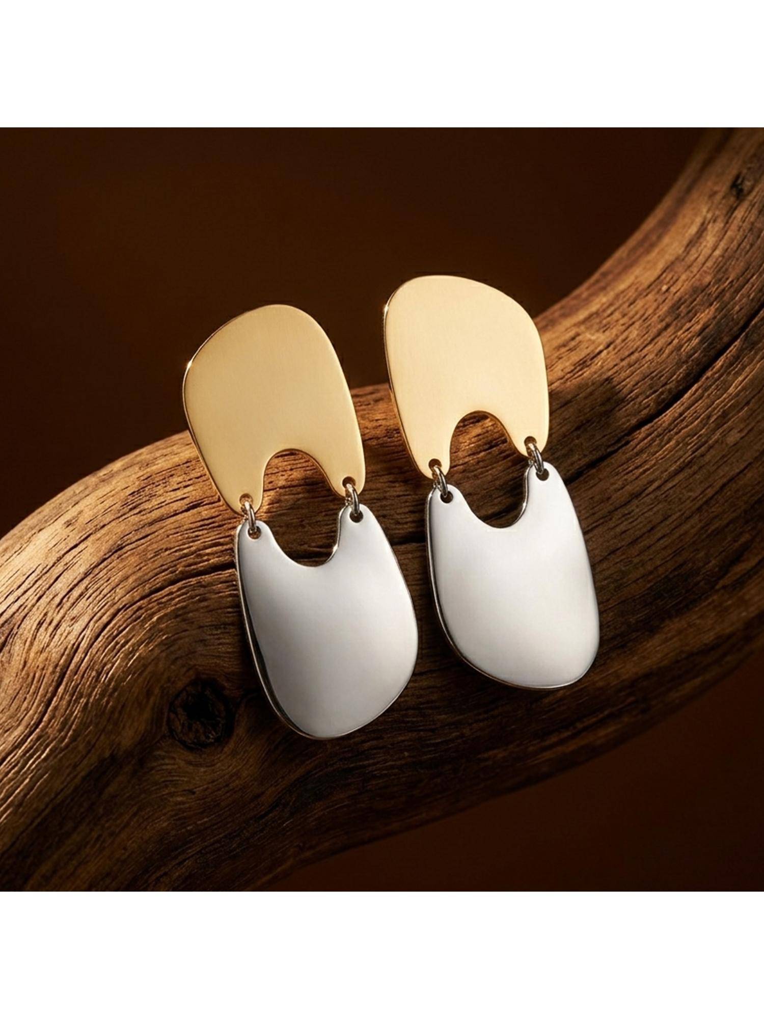 TRIBAL ZONE Two-Tone Gold and Silver Oval Drop Earrings