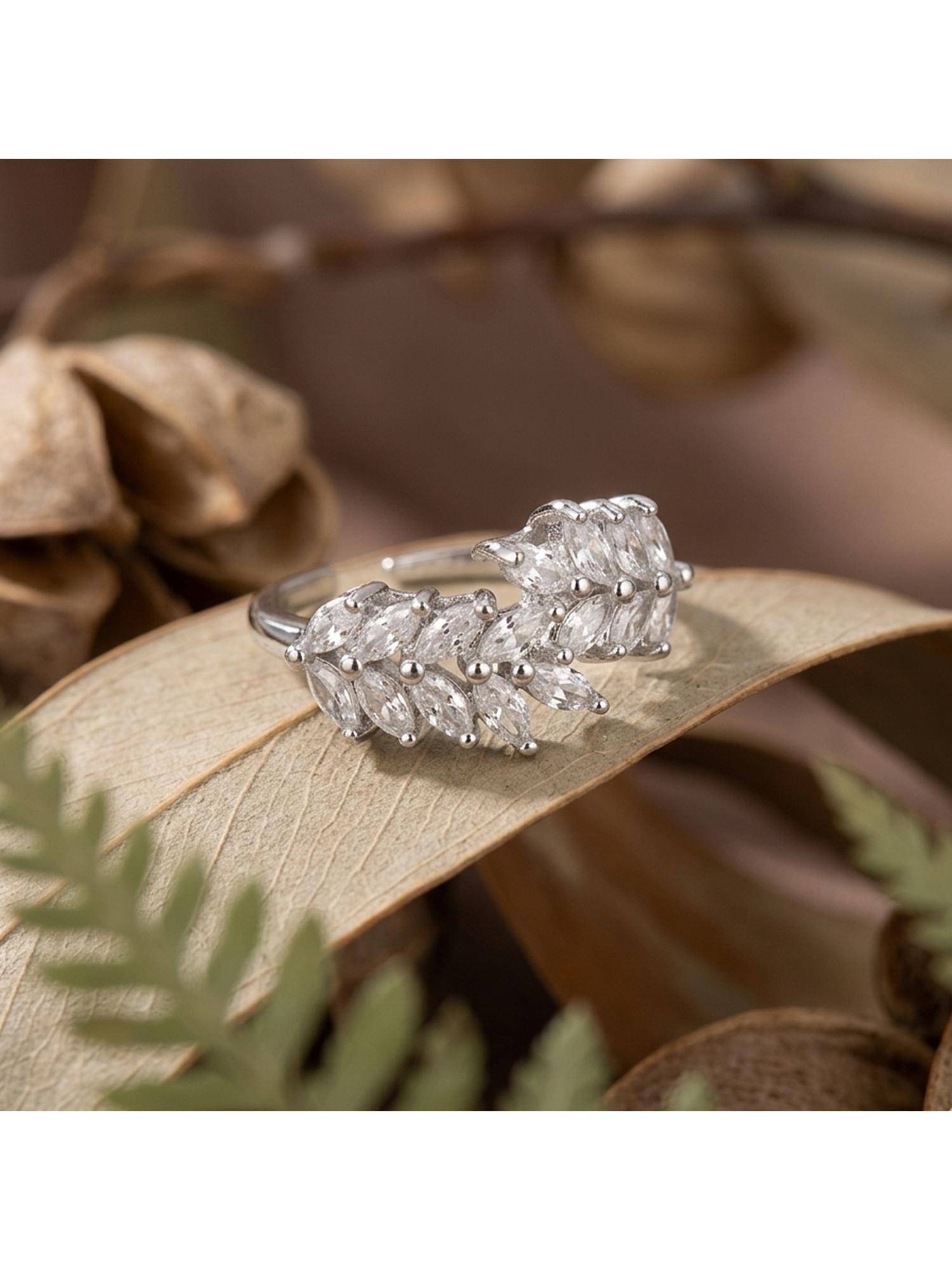 TRIBAL ZONE Silver CZ Marquise Leaf Open Ring