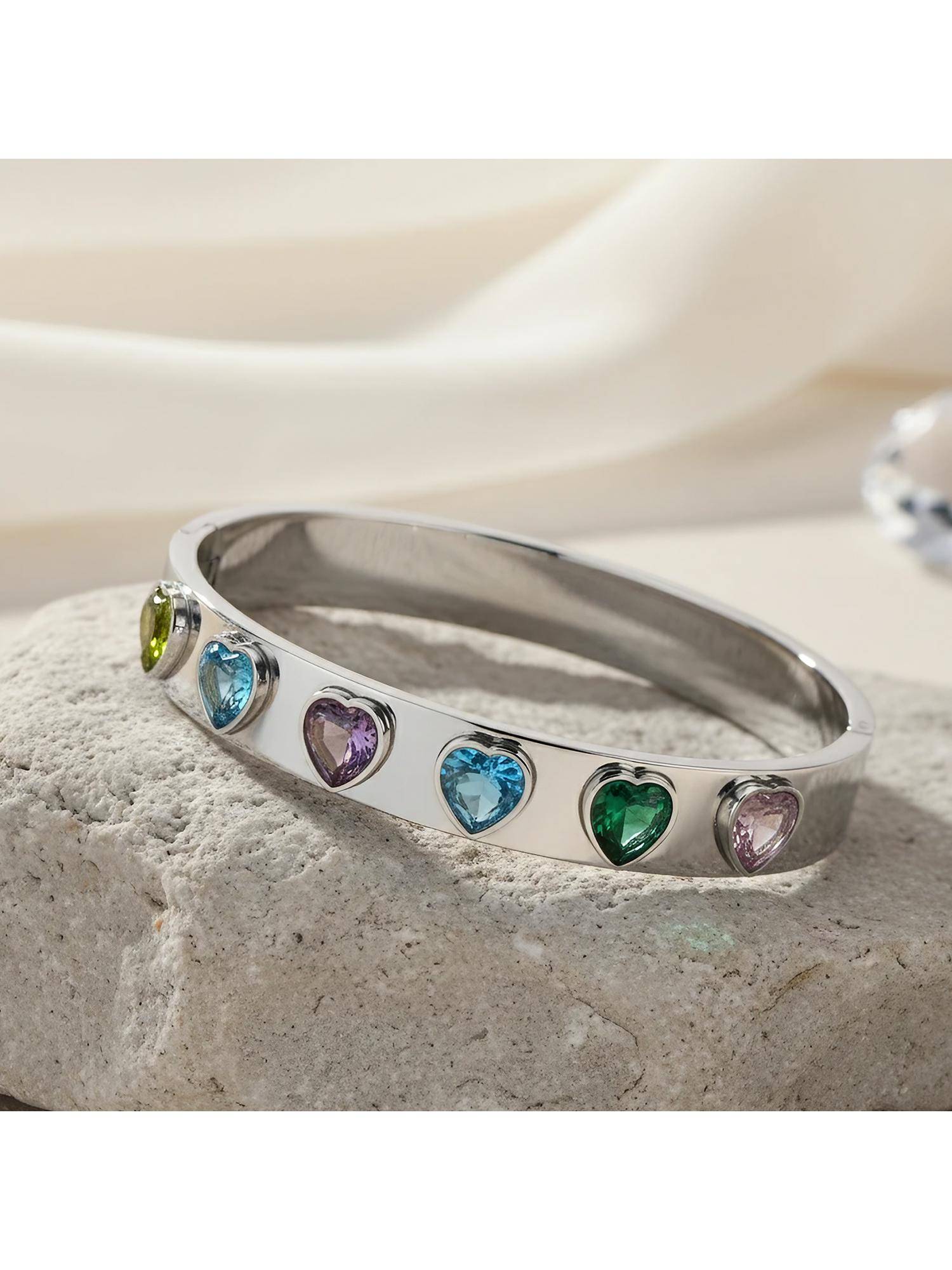 TRIBAL ZONE Silver Multi-Color Heart Gemstone Bangle