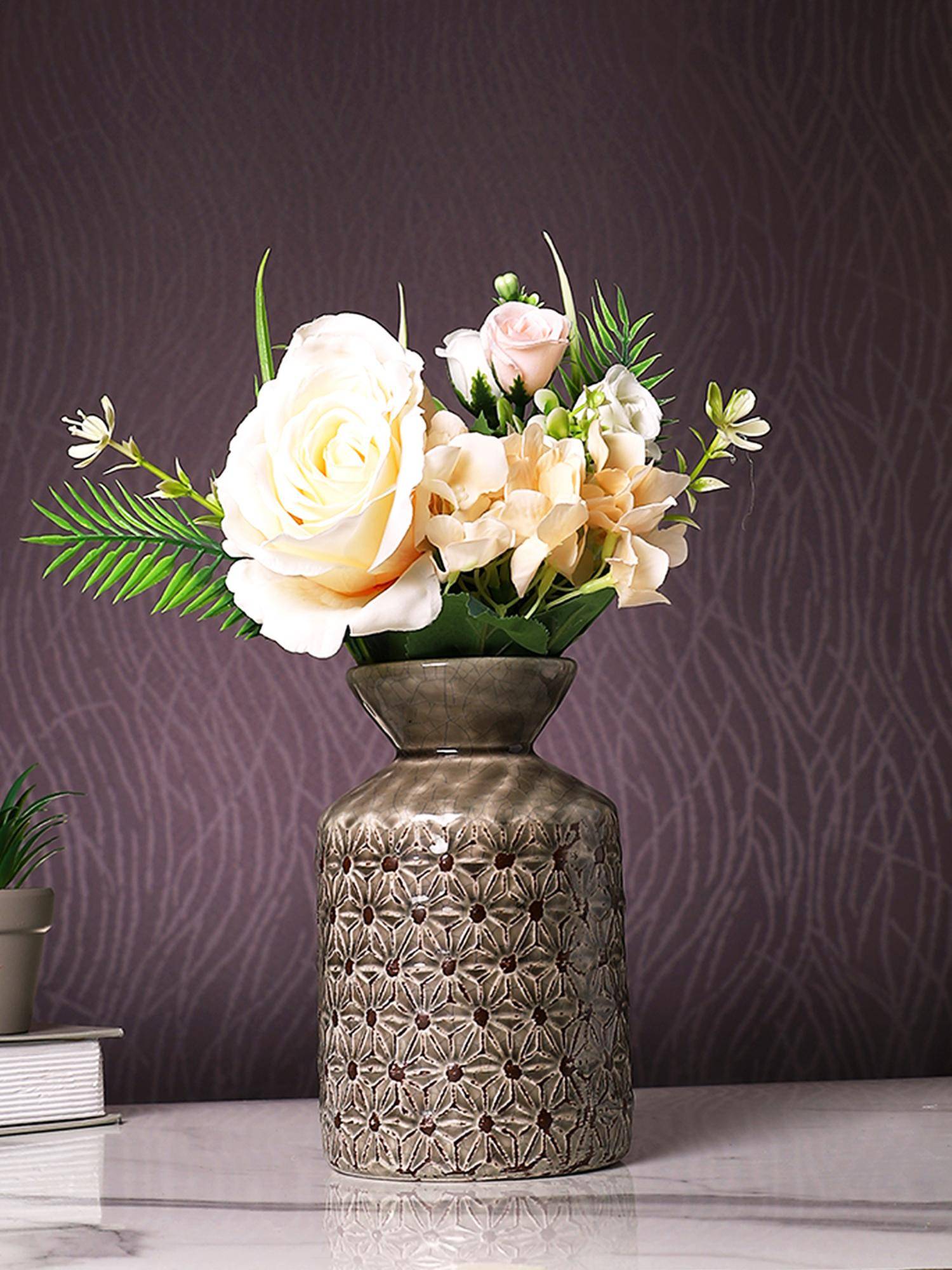 Tayhaa Brown Flower Embossed Ceramic Vase