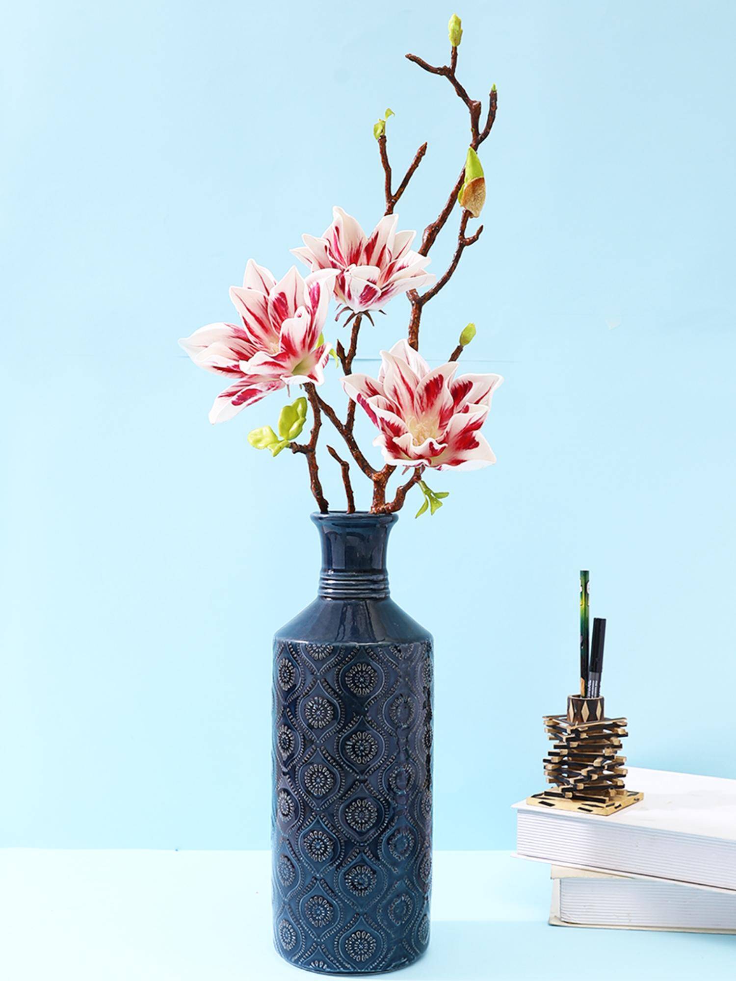 Tayhaa Bottled Blue Yellow Arabic Artwork Ceramic Vase