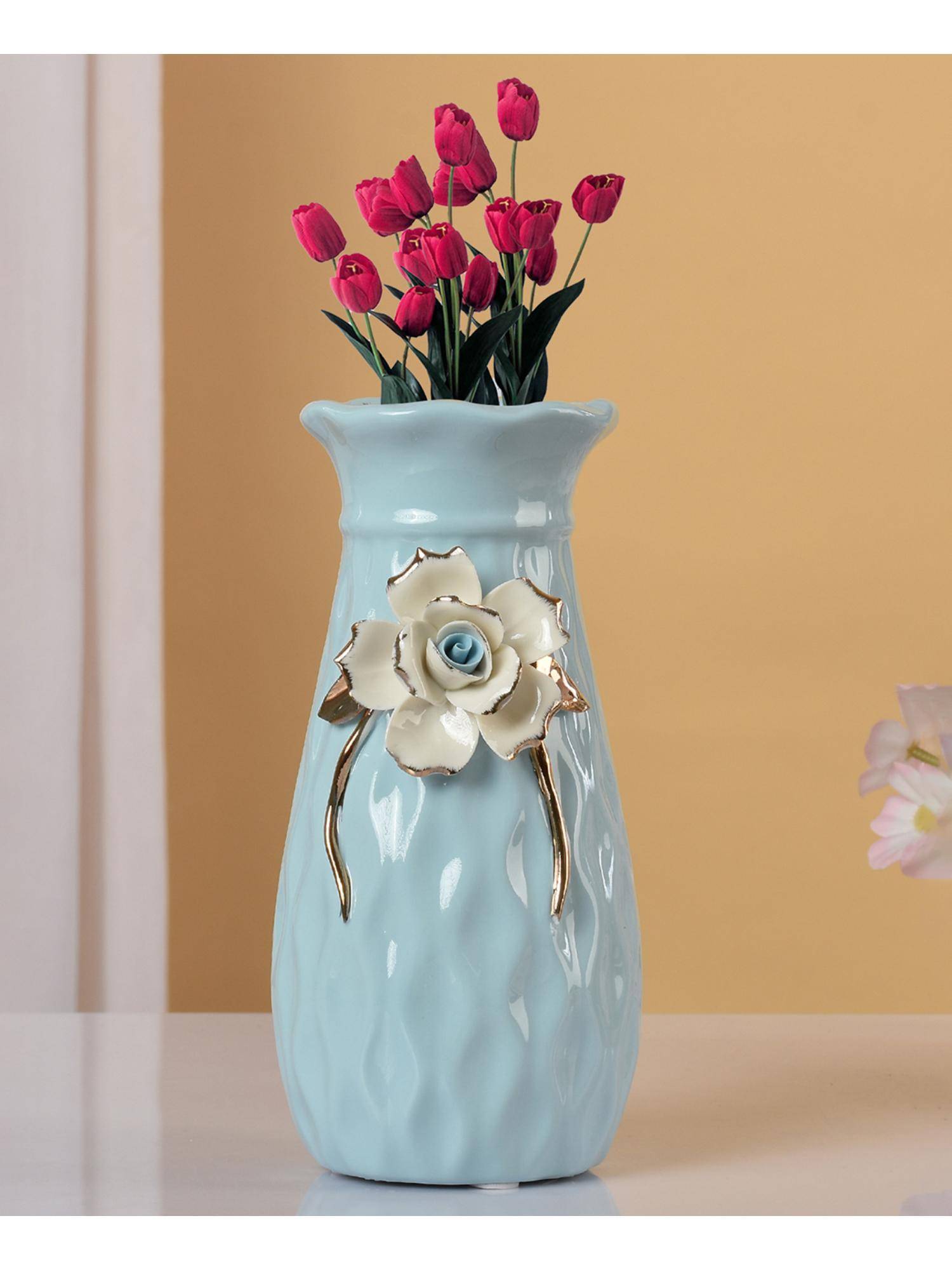 Tayhaa Light Green Ceramic Vase with Flower design