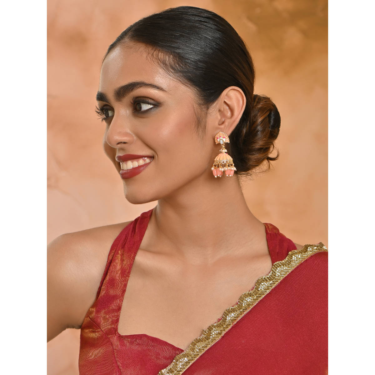 Fida Gold-Plated Peach Meenakari Peacock Jhumka Earrings