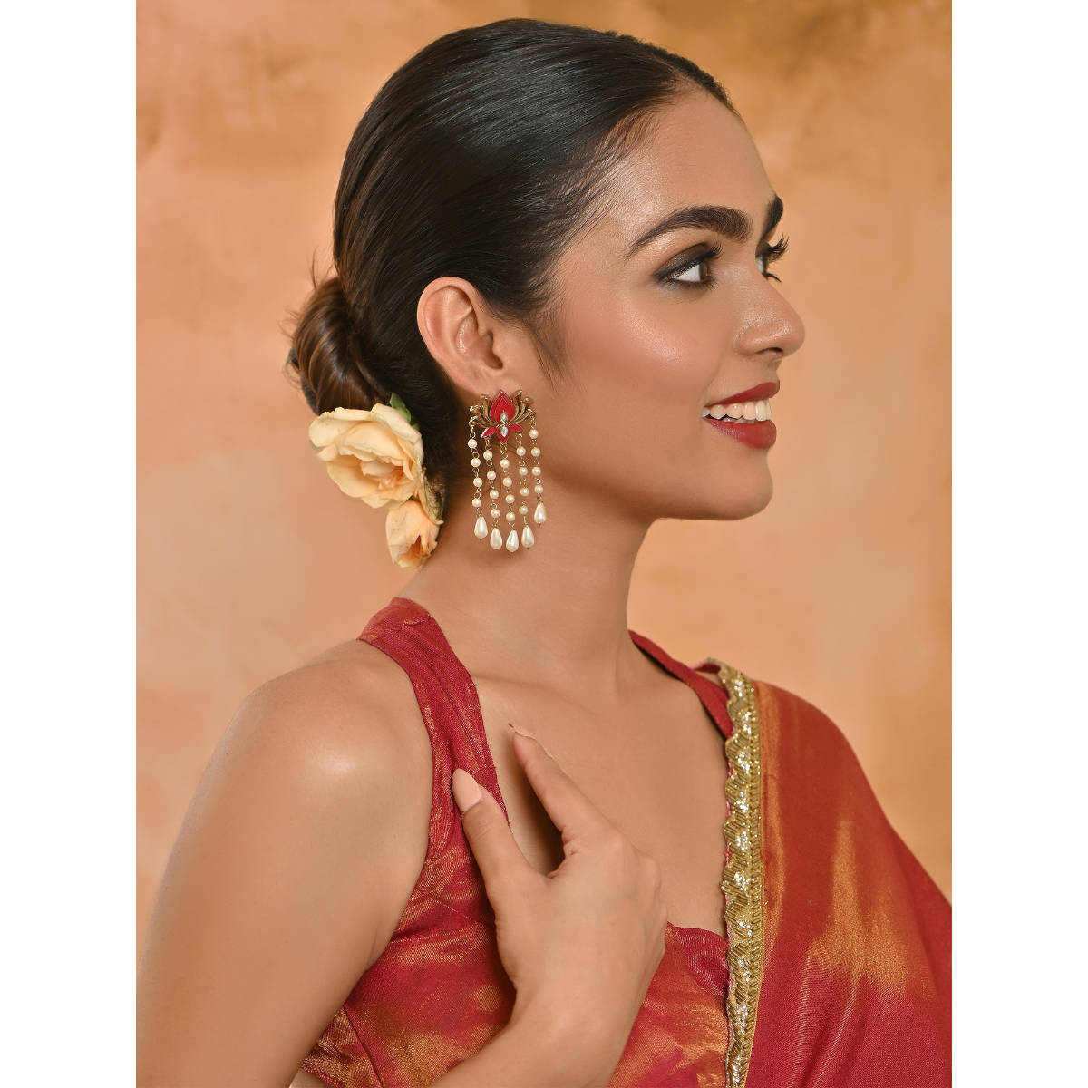 Fida Fushcia Pink and Gold Lotus White Pearls Tasselled Floral Drop Earrings