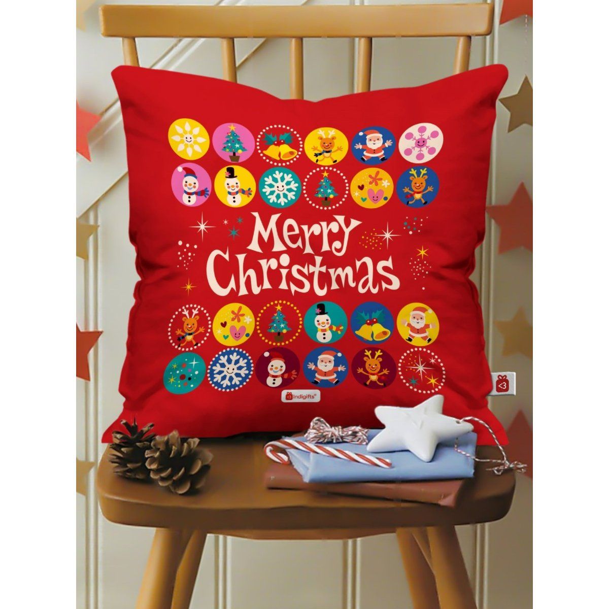 Indigifts Merry Christmas Print Red Cushion Cover with Filler ...