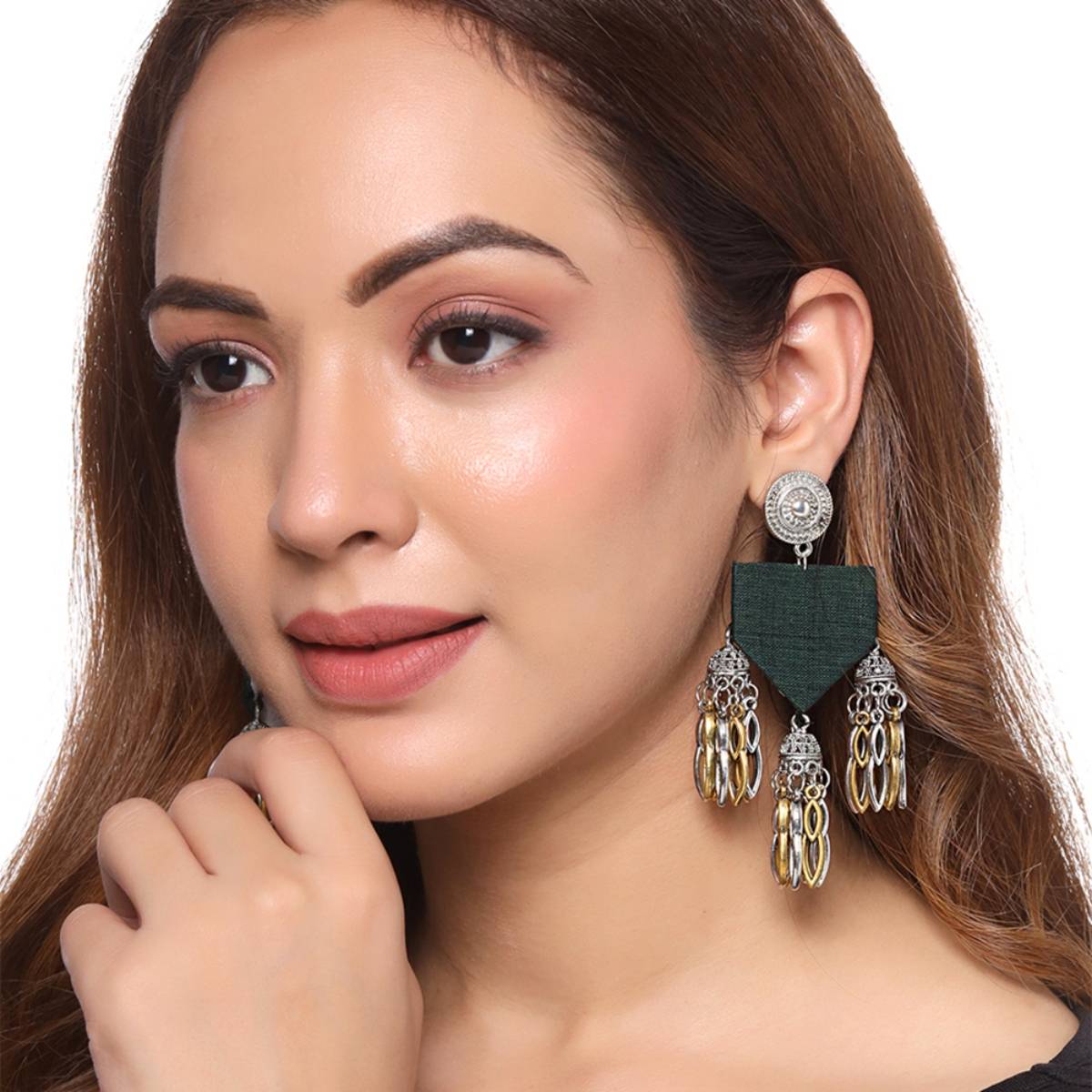 Yellow Chimes Green and Silver-Toned German Silver Beaded Drop Earrings