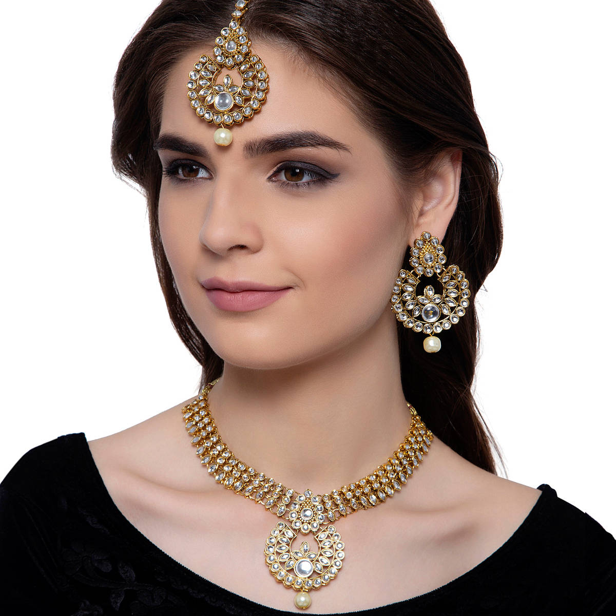 Anika's Creations Exclusive Gold Plated Traditional Kundan Necklace With Earrings Maangtika