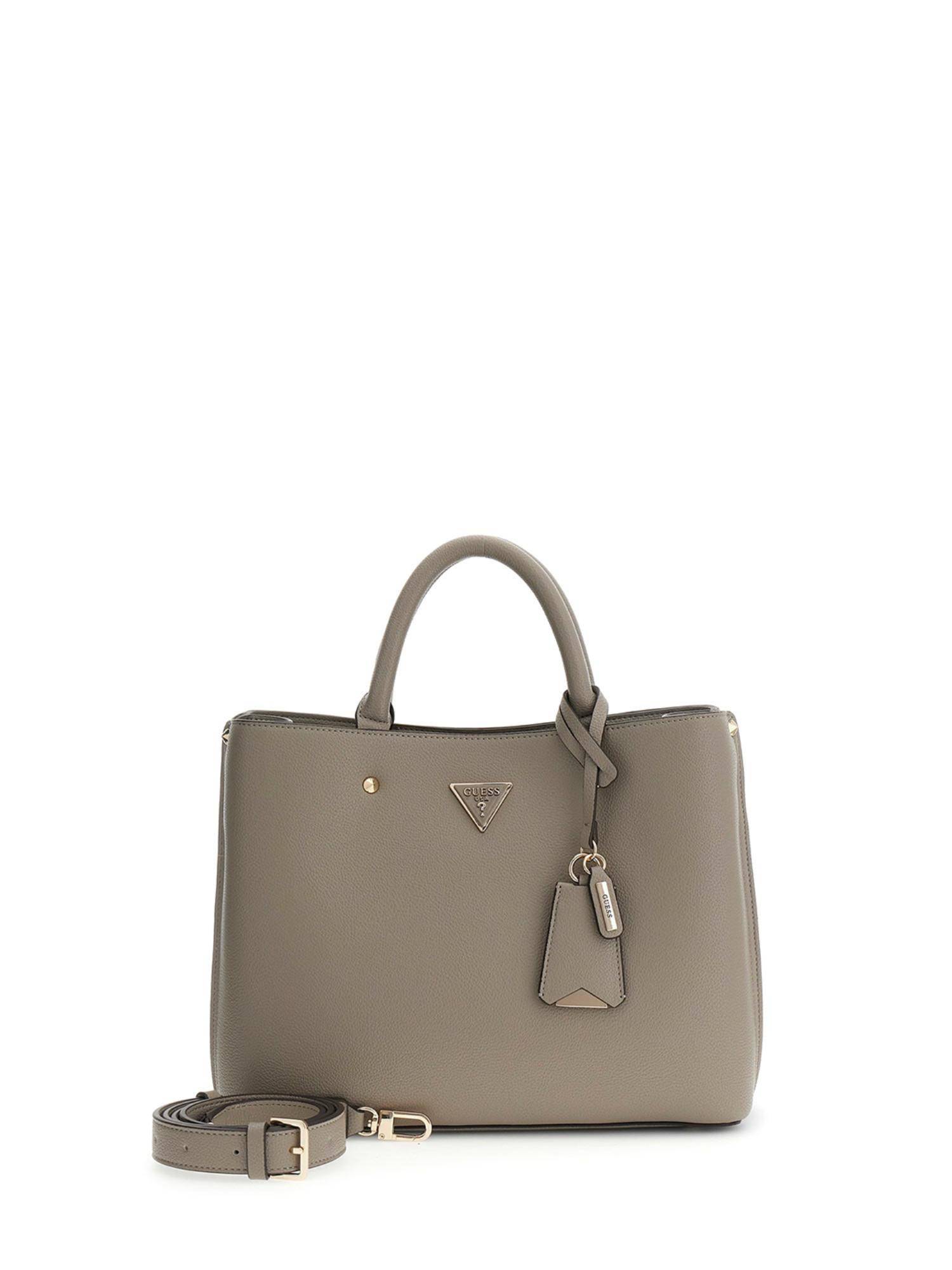 Guess Beige Solid Zipper Satchel Bag with Detachable Strap