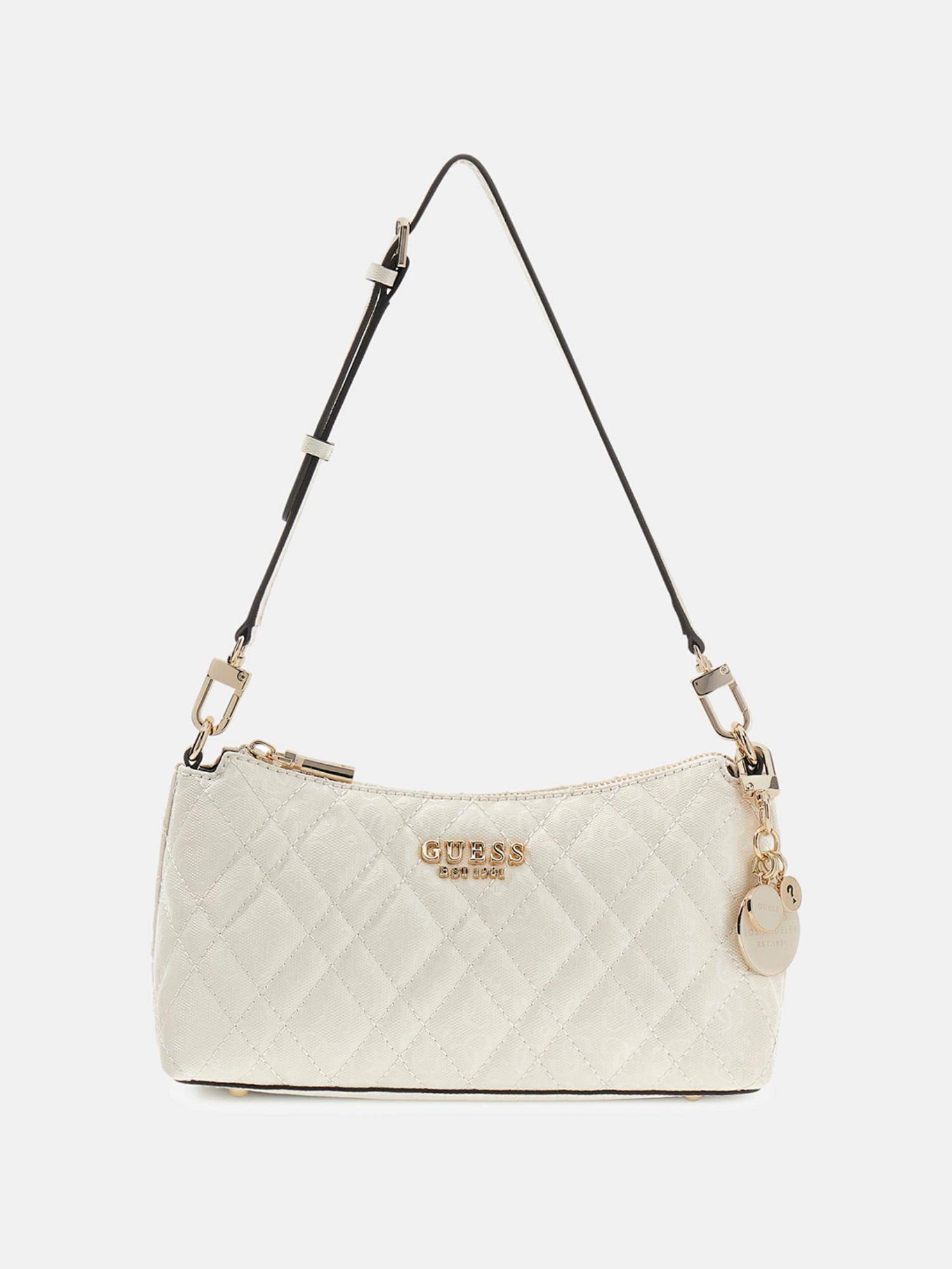 Guess Off White Textured Zipper Shoulder Bag