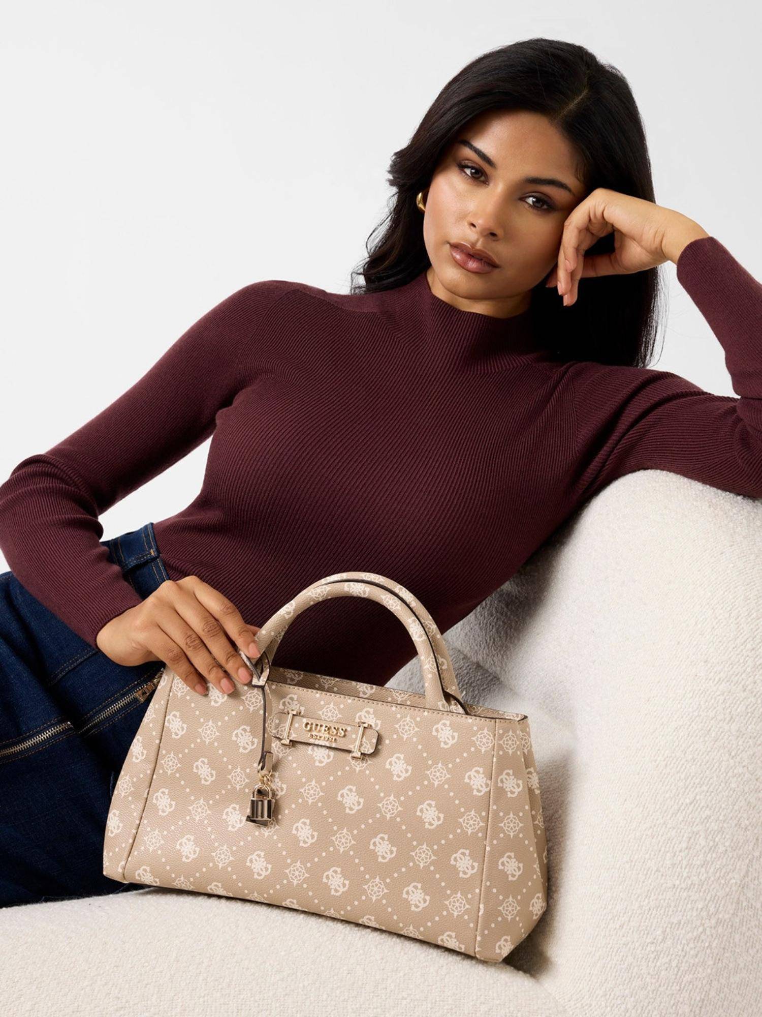 Guess Beige Printed Zipper Satchel Bag with Detachable Strap