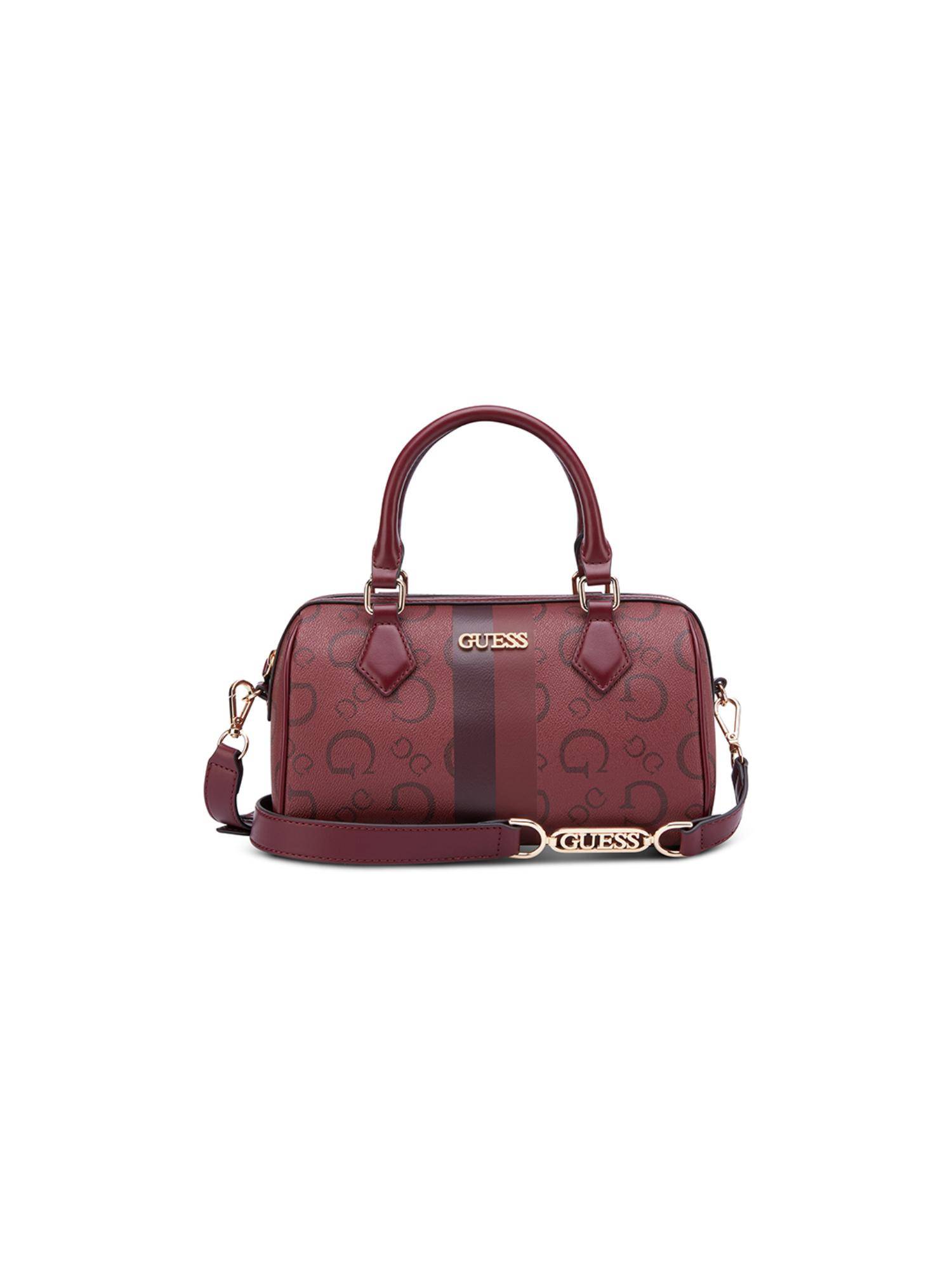 Guess Maroon Printed Zipper Satchel Bag with Detachable Strap