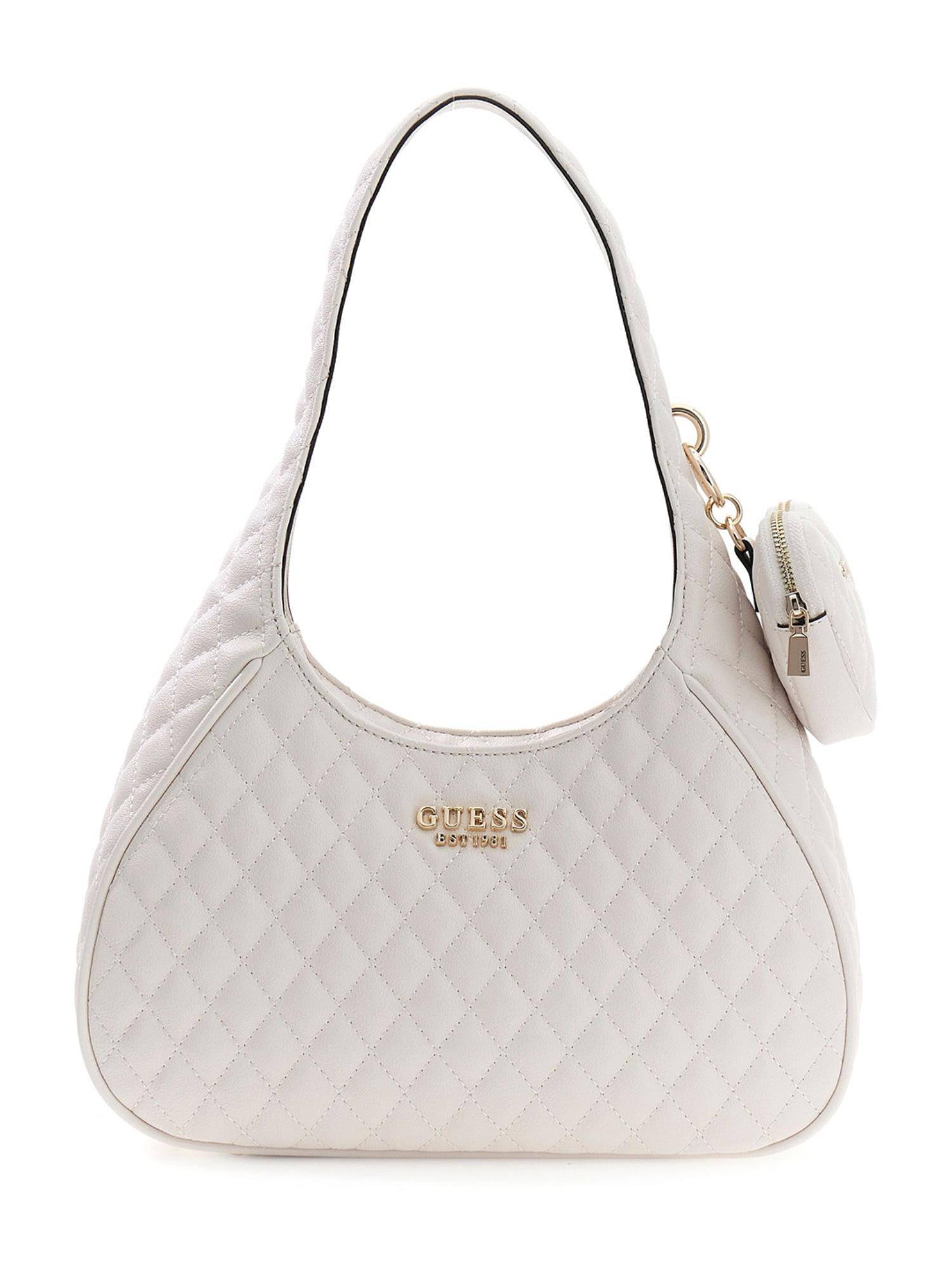 Guess Off White Textured Zipper Atabey Hobo Bag With Pouch