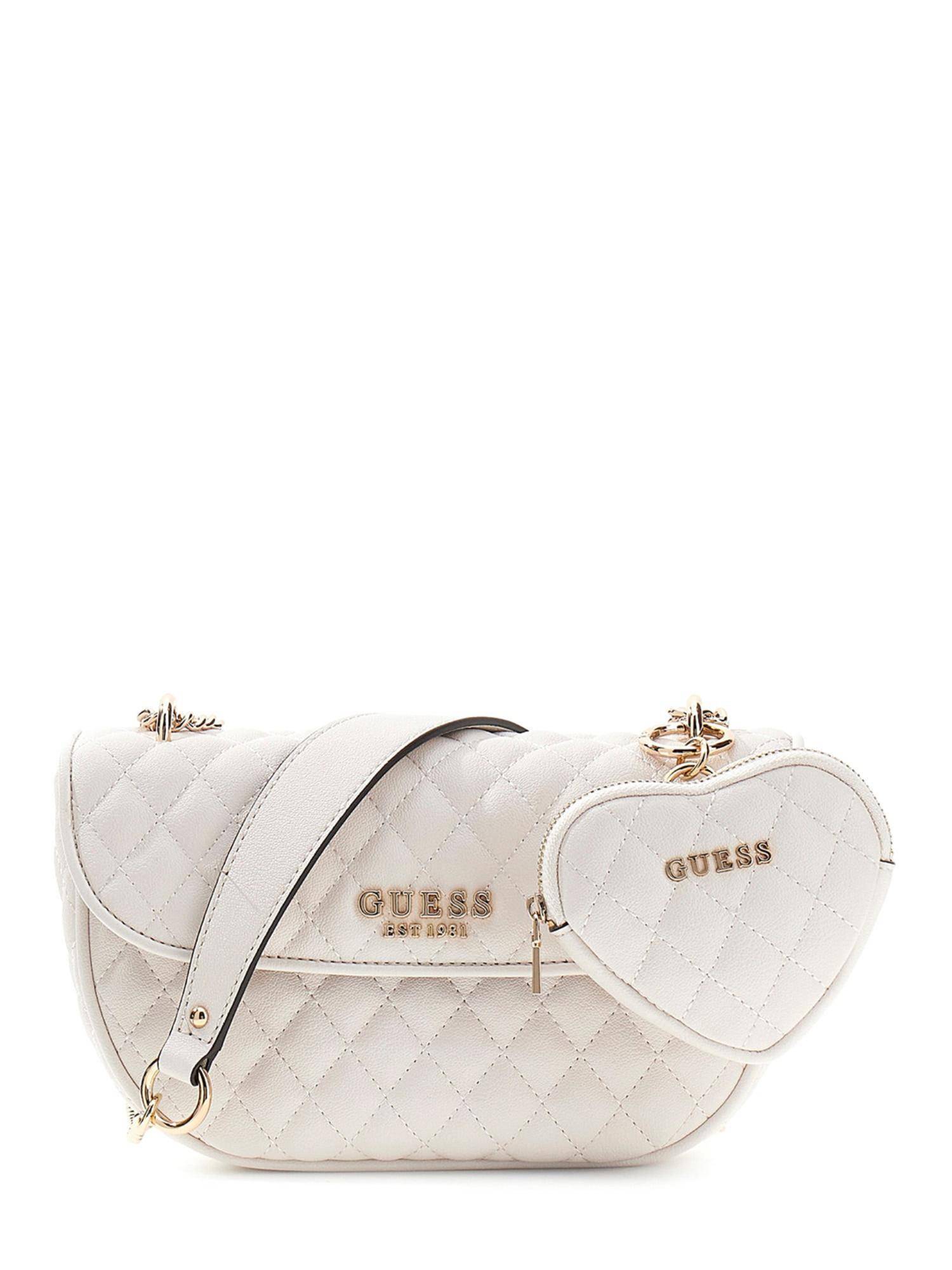 Guess Off White Textured Magnetic Snap Crossbody Bag With Pouch