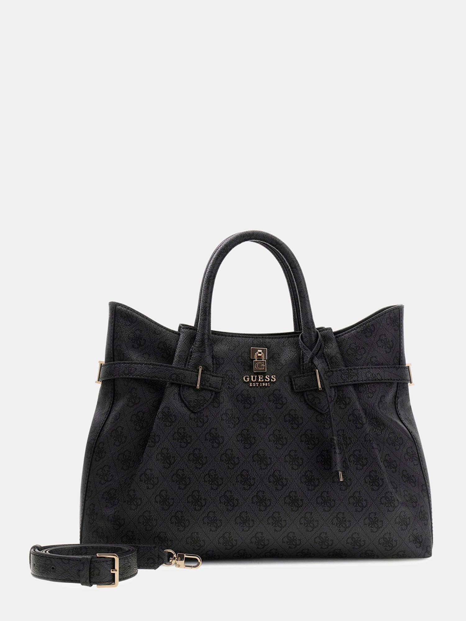 Guess Black Printed Satchel Bag with Detachable Strap