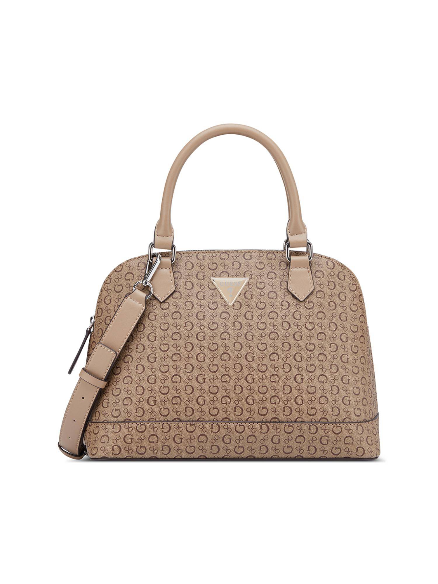 Guess Brown Printed Zipper Satchel Bag with Detachable Strap