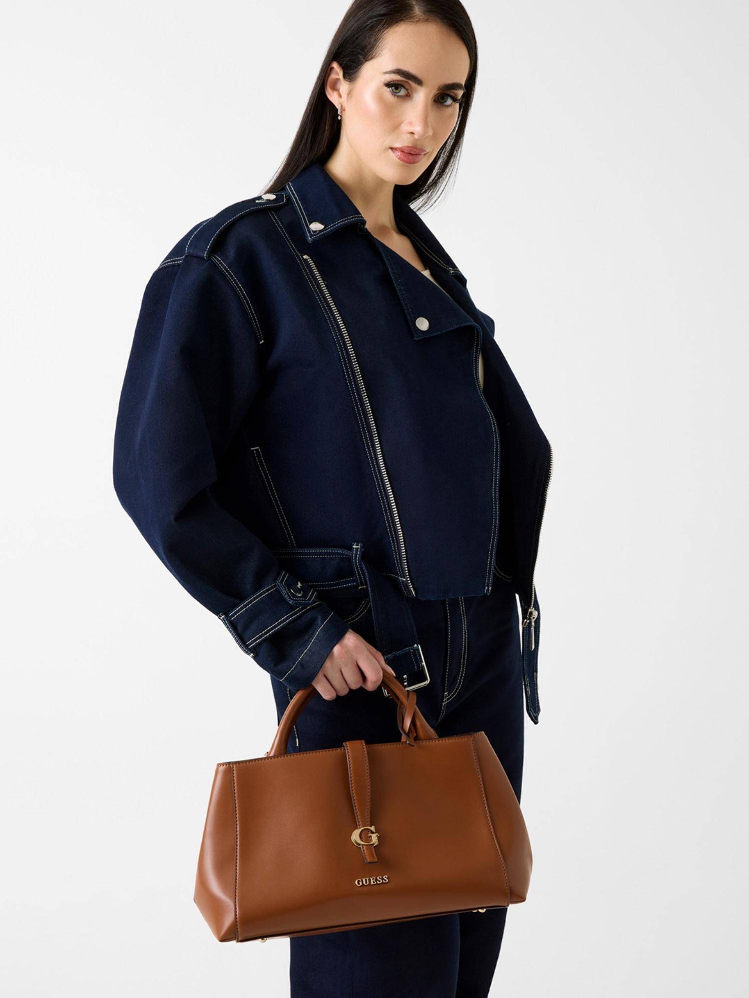 Guess Brown Solid Magnet Satchel Bag with Detachable Strap